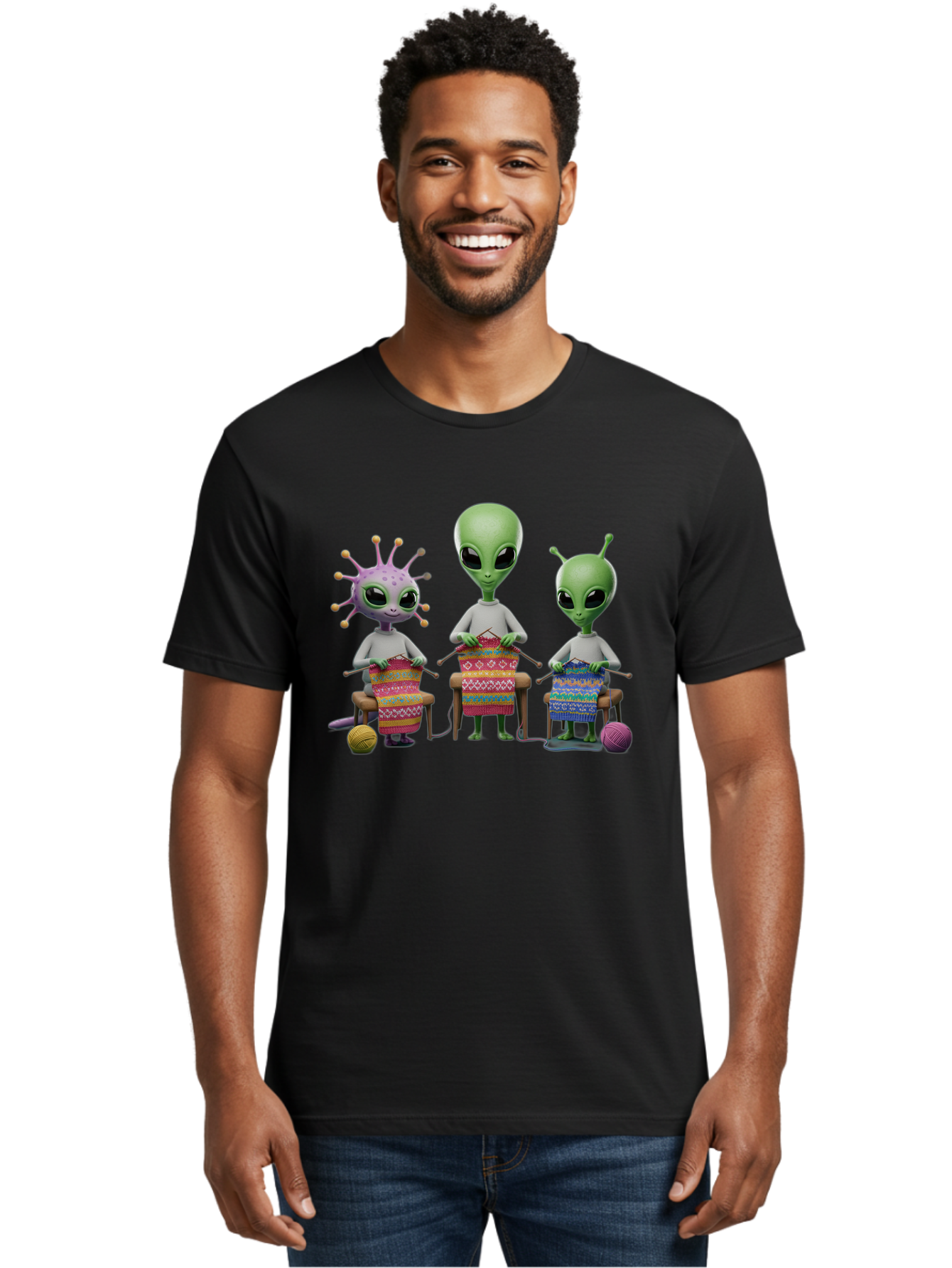 Aliens-Knitting Men'S Graphic Tee, 100% Cotton, Comfortable Casual Summer Wear, Machine Washable, Cartoon Aliens, Knitting Patterns, Colorful Yarn, Creative Creatures, Extraterrestrial Hobby, Playful Illustration, Knitting Needles, Bab638 26