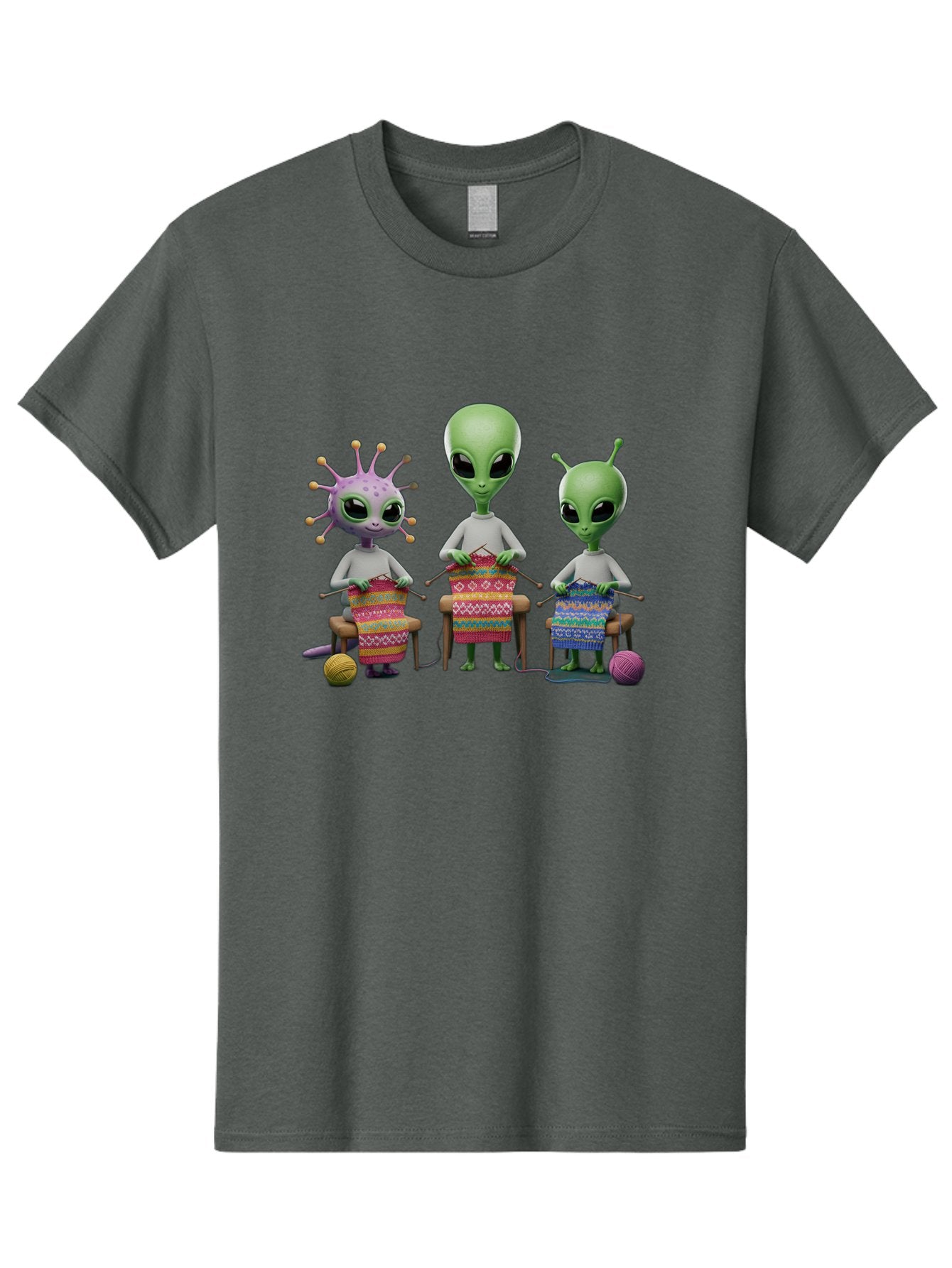Aliens-Knitting Men'S Graphic Tee, 100% Cotton, Comfortable Casual Summer Wear, Machine Washable, Cartoon Aliens, Knitting Patterns, Colorful Yarn, Creative Creatures, Extraterrestrial Hobby, Playful Illustration, Knitting Needles, Bab638 14