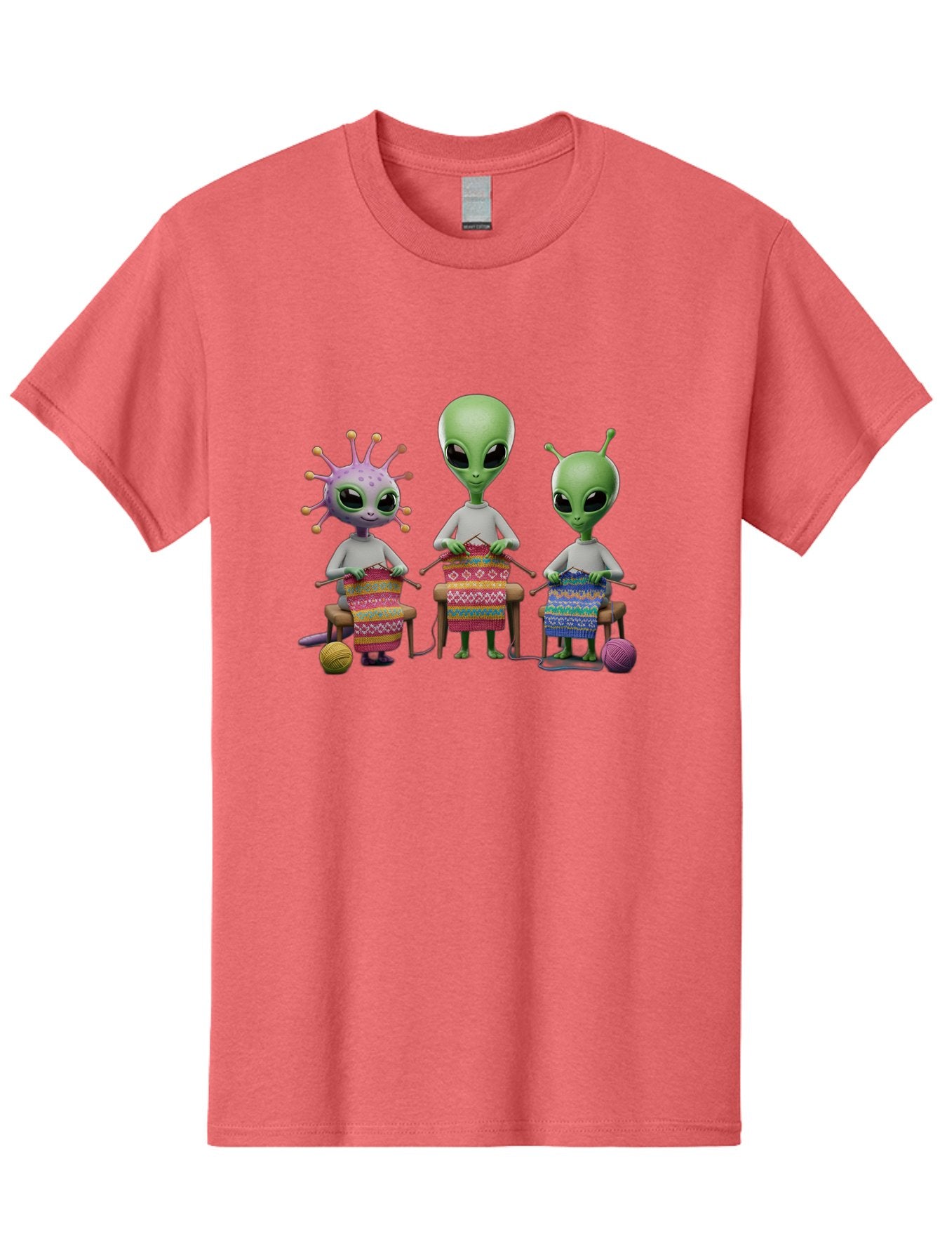 Aliens-Knitting Men'S Graphic Tee, 100% Cotton, Comfortable Casual Summer Wear, Machine Washable, Cartoon Aliens, Knitting Patterns, Colorful Yarn, Creative Creatures, Extraterrestrial Hobby, Playful Illustration, Knitting Needles, Bab638 5