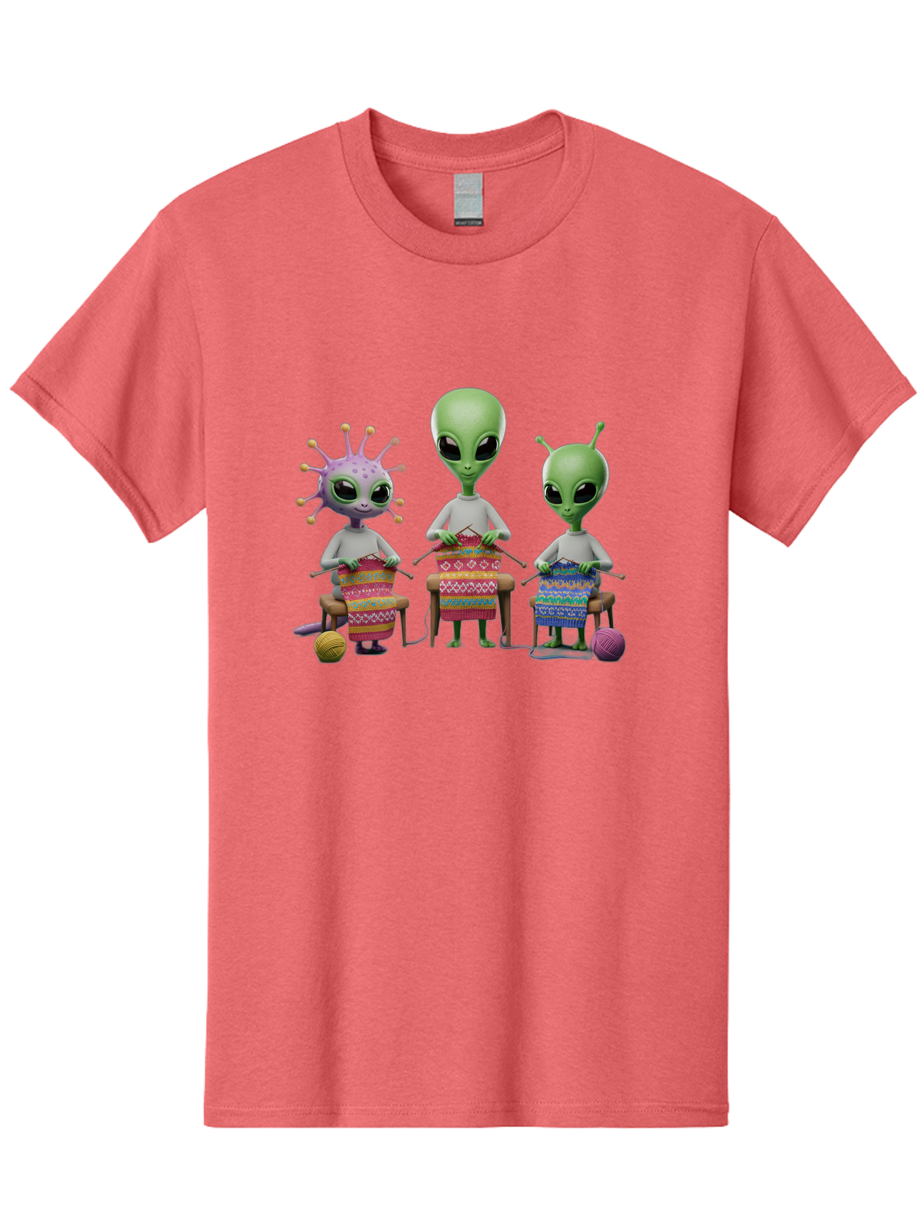 Aliens-Knitting Men'S Graphic Tee, 100% Cotton, Comfortable Casual Summer Wear, Machine Washable, Cartoon Aliens, Knitting Patterns, Colorful Yarn, Creative Creatures, Extraterrestrial Hobby, Playful Illustration, Knitting Needles, Bab638 8