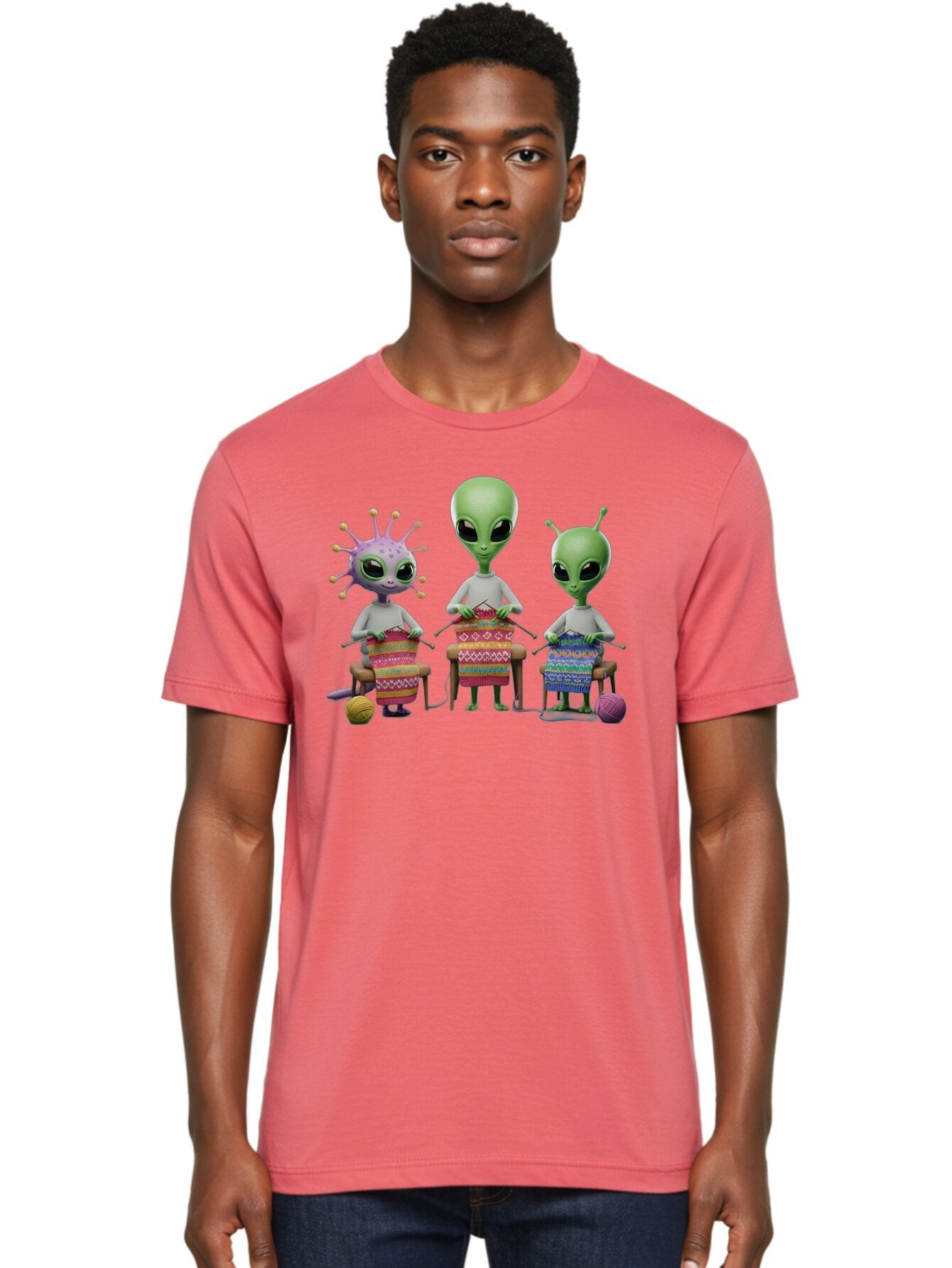 Aliens-Knitting Men'S Graphic Tee, 100% Cotton, Comfortable Casual Summer Wear, Machine Washable, Cartoon Aliens, Knitting Patterns, Colorful Yarn, Creative Creatures, Extraterrestrial Hobby, Playful Illustration, Knitting Needles, Bab638 23