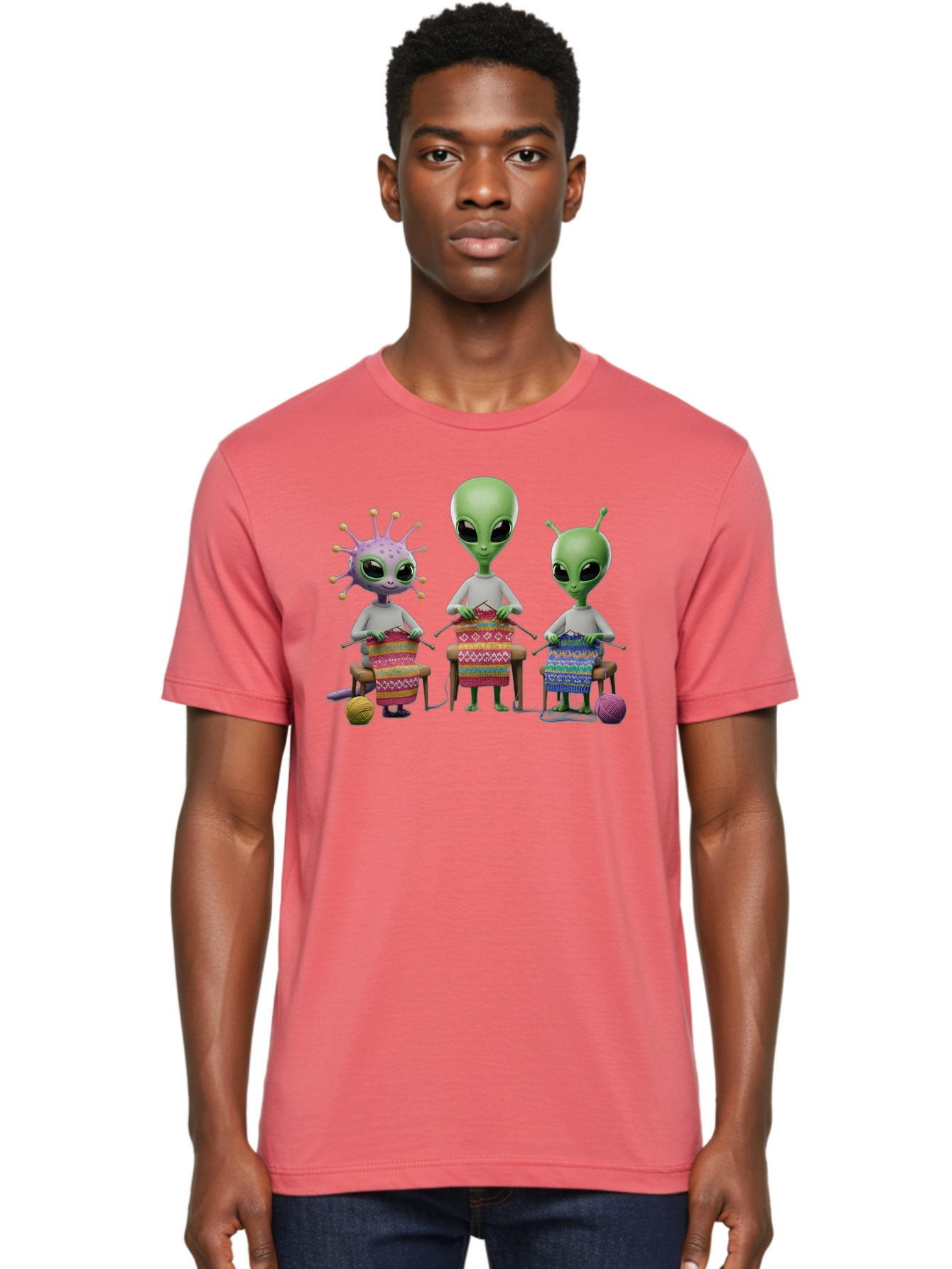 Aliens-Knitting Men'S Graphic Tee, 100% Cotton, Comfortable Casual Summer Wear, Machine Washable, Cartoon Aliens, Knitting Patterns, Colorful Yarn, Creative Creatures, Extraterrestrial Hobby, Playful Illustration, Knitting Needles, Bab638 23