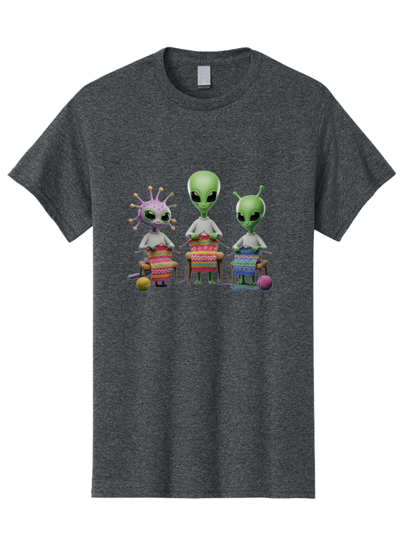 Aliens-Knitting Men'S Graphic Tee, 100% Cotton, Comfortable Casual Summer Wear, Machine Washable, Cartoon Aliens, Knitting Patterns, Colorful Yarn, Creative Creatures, Extraterrestrial Hobby, Playful Illustration, Knitting Needles, Bab638 4