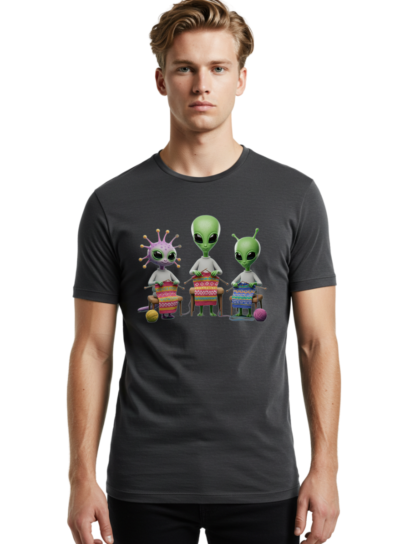 Aliens-Knitting Men'S Graphic Tee, 100% Cotton, Comfortable Casual Summer Wear, Machine Washable, Cartoon Aliens, Knitting Patterns, Colorful Yarn, Creative Creatures, Extraterrestrial Hobby, Playful Illustration, Knitting Needles, Bab638 19