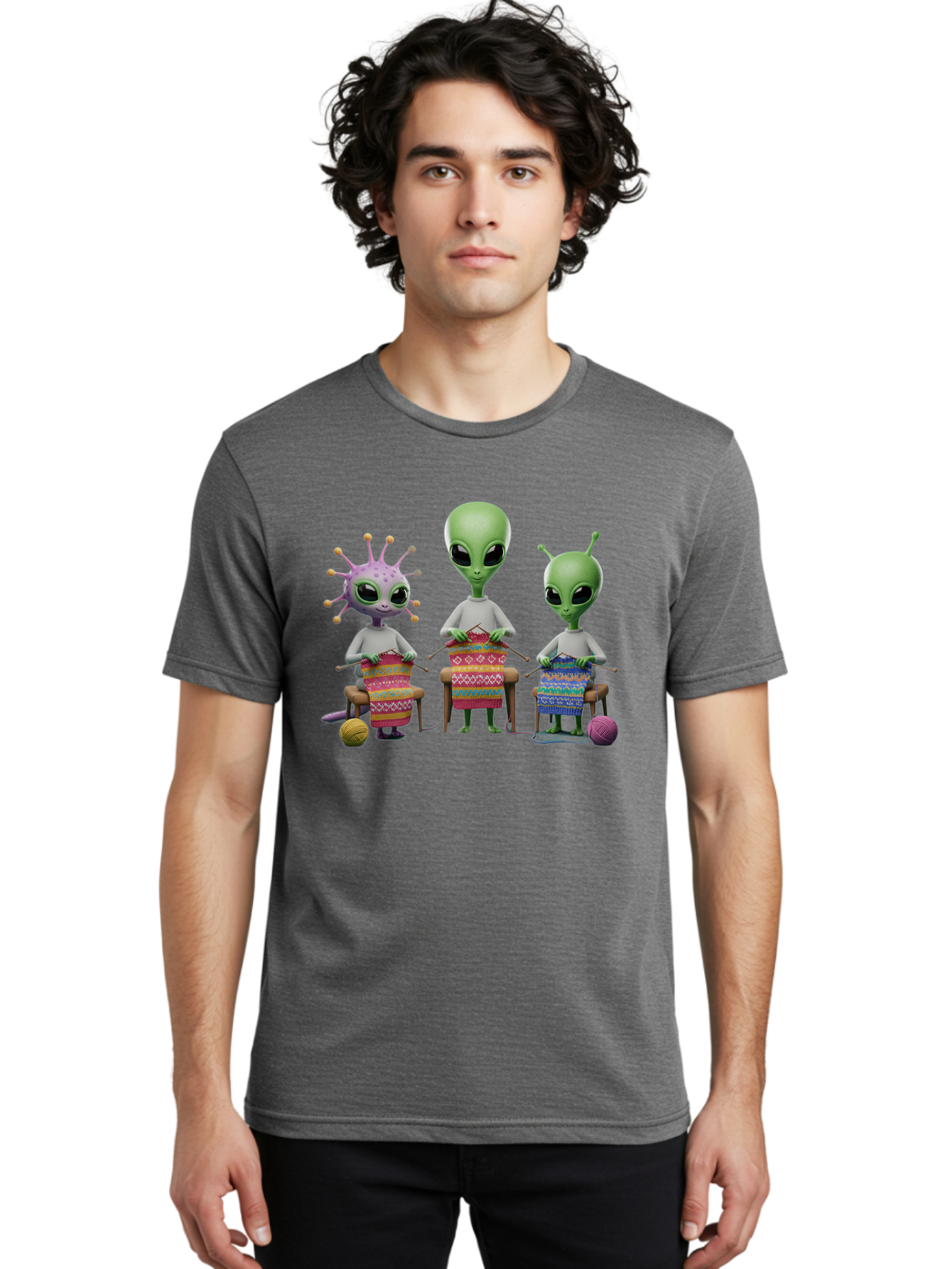 Aliens-Knitting Men'S Graphic Tee, 100% Cotton, Comfortable Casual Summer Wear, Machine Washable, Cartoon Aliens, Knitting Patterns, Colorful Yarn, Creative Creatures, Extraterrestrial Hobby, Playful Illustration, Knitting Needles, Bab638 27