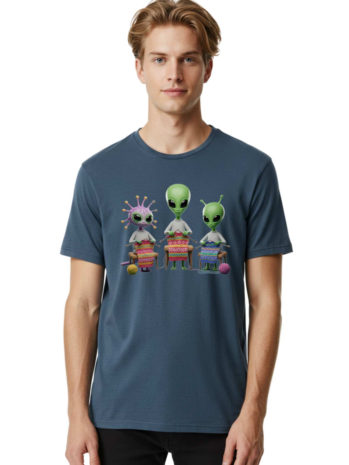 Aliens-Knitting Men'S Graphic Tee, 100% Cotton, Comfortable Casual Summer Wear, Machine Washable, Cartoon Aliens, Knitting Patterns, Colorful Yarn, Creative Creatures, Extraterrestrial Hobby, Playful Illustration, Knitting Needles, Bab638 16