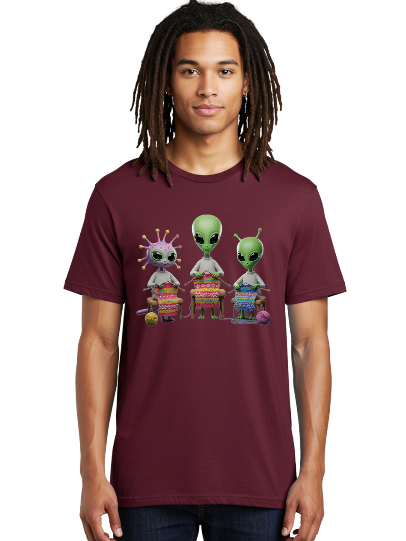Aliens-Knitting Men'S Graphic Tee, 100% Cotton, Comfortable Casual Summer Wear, Machine Washable, Cartoon Aliens, Knitting Patterns, Colorful Yarn, Creative Creatures, Extraterrestrial Hobby, Playful Illustration, Knitting Needles, Bab638 25