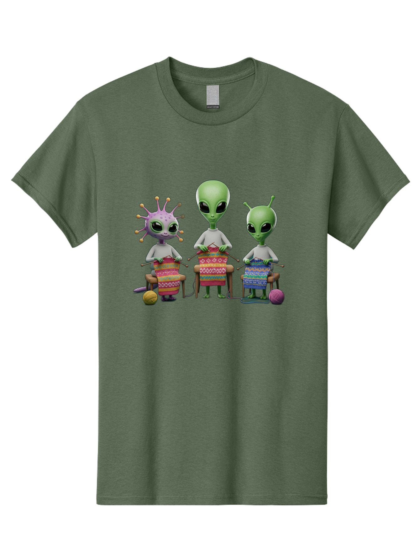 Aliens-Knitting Men'S Graphic Tee, 100% Cotton, Comfortable Casual Summer Wear, Machine Washable, Cartoon Aliens, Knitting Patterns, Colorful Yarn, Creative Creatures, Extraterrestrial Hobby, Playful Illustration, Knitting Needles, Bab638 6