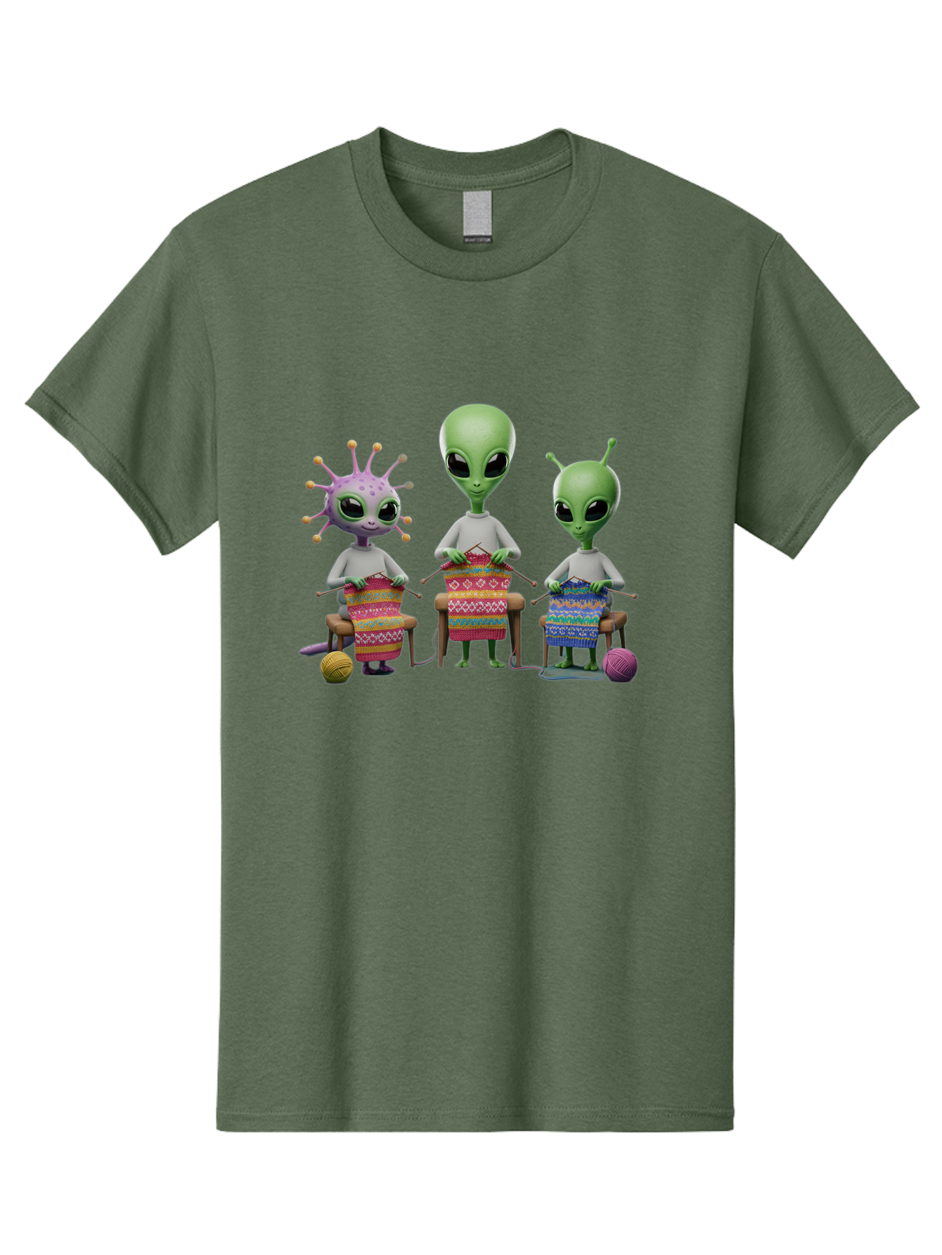Aliens-Knitting Men'S Graphic Tee, 100% Cotton, Comfortable Casual Summer Wear, Machine Washable, Cartoon Aliens, Knitting Patterns, Colorful Yarn, Creative Creatures, Extraterrestrial Hobby, Playful Illustration, Knitting Needles, Bab638 7