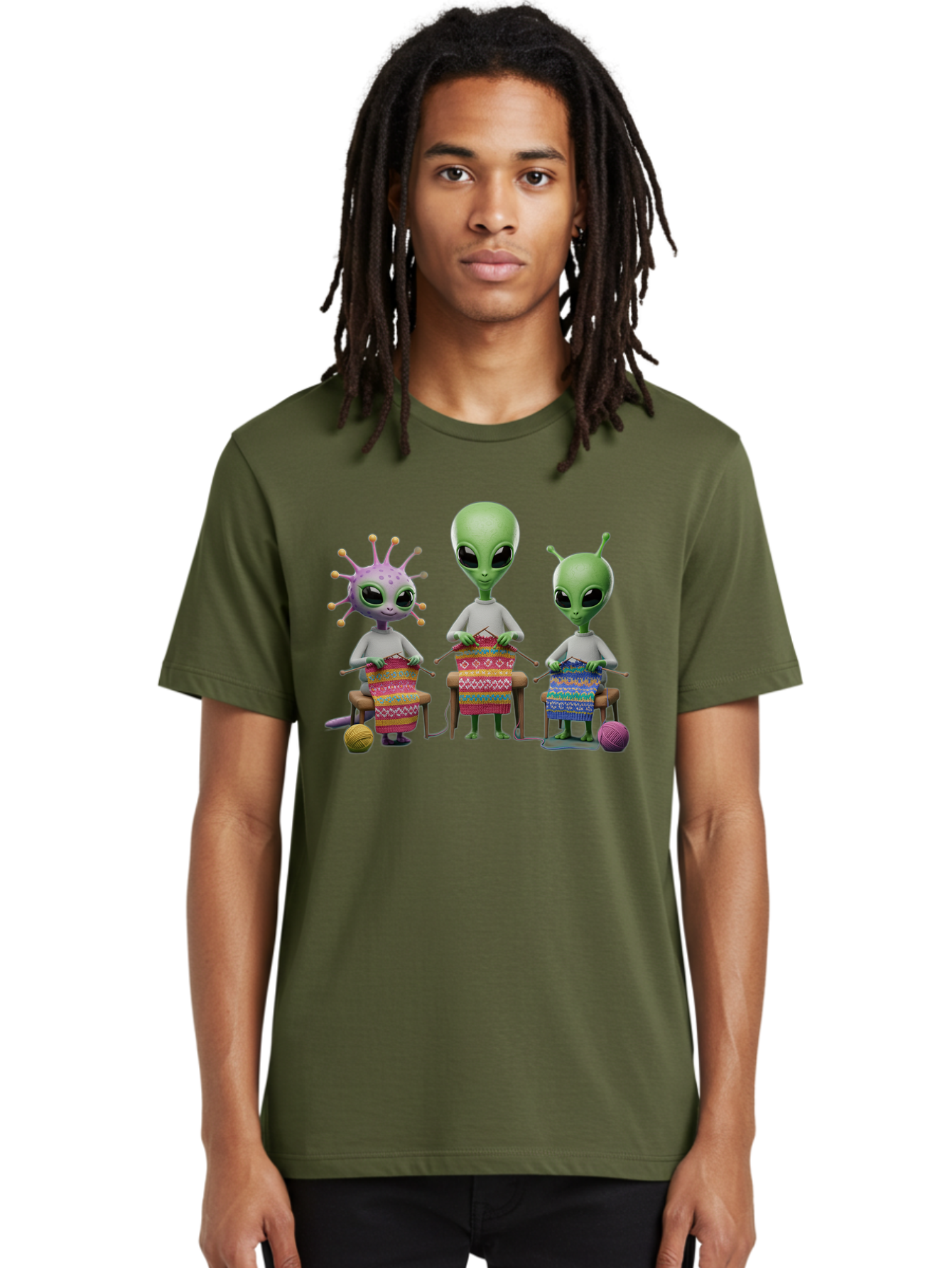 Aliens-Knitting Men'S Graphic Tee, 100% Cotton, Comfortable Casual Summer Wear, Machine Washable, Cartoon Aliens, Knitting Patterns, Colorful Yarn, Creative Creatures, Extraterrestrial Hobby, Playful Illustration, Knitting Needles, Bab638 22