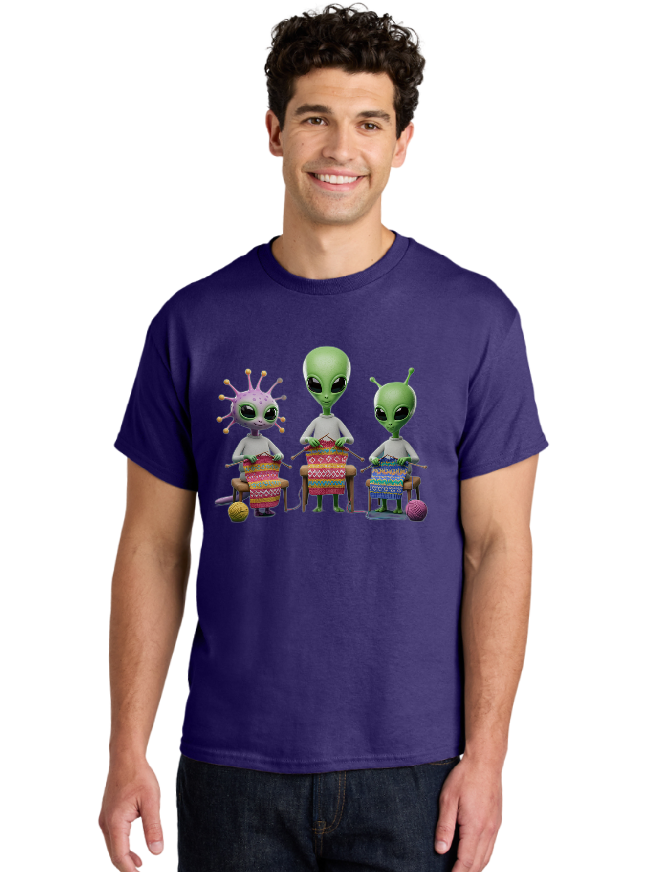 Aliens-Knitting Men'S Graphic Tee, 100% Cotton, Comfortable Casual Summer Wear, Machine Washable, Cartoon Aliens, Knitting Patterns, Colorful Yarn, Creative Creatures, Extraterrestrial Hobby, Playful Illustration, Knitting Needles, Bab638 30