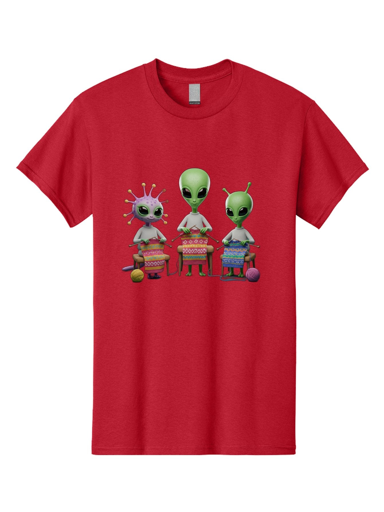 Aliens-Knitting Men'S Graphic Tee, 100% Cotton, Comfortable Casual Summer Wear, Machine Washable, Cartoon Aliens, Knitting Patterns, Colorful Yarn, Creative Creatures, Extraterrestrial Hobby, Playful Illustration, Knitting Needles, Bab638 7