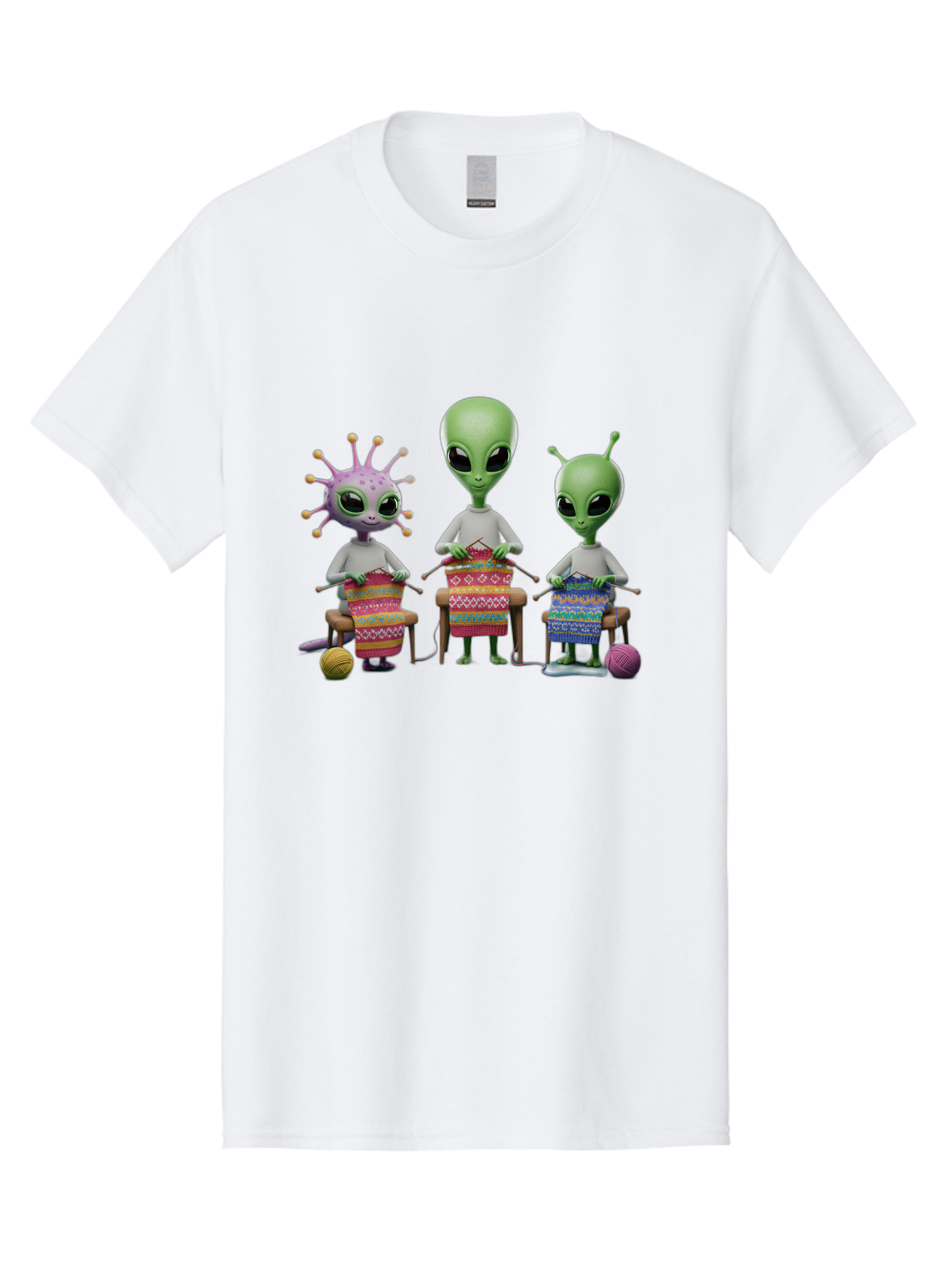 Aliens-Knitting Men'S Graphic Tee, 100% Cotton, Comfortable Casual Summer Wear, Machine Washable, Cartoon Aliens, Knitting Patterns, Colorful Yarn, Creative Creatures, Extraterrestrial Hobby, Playful Illustration, Knitting Needles, Bab638 9
