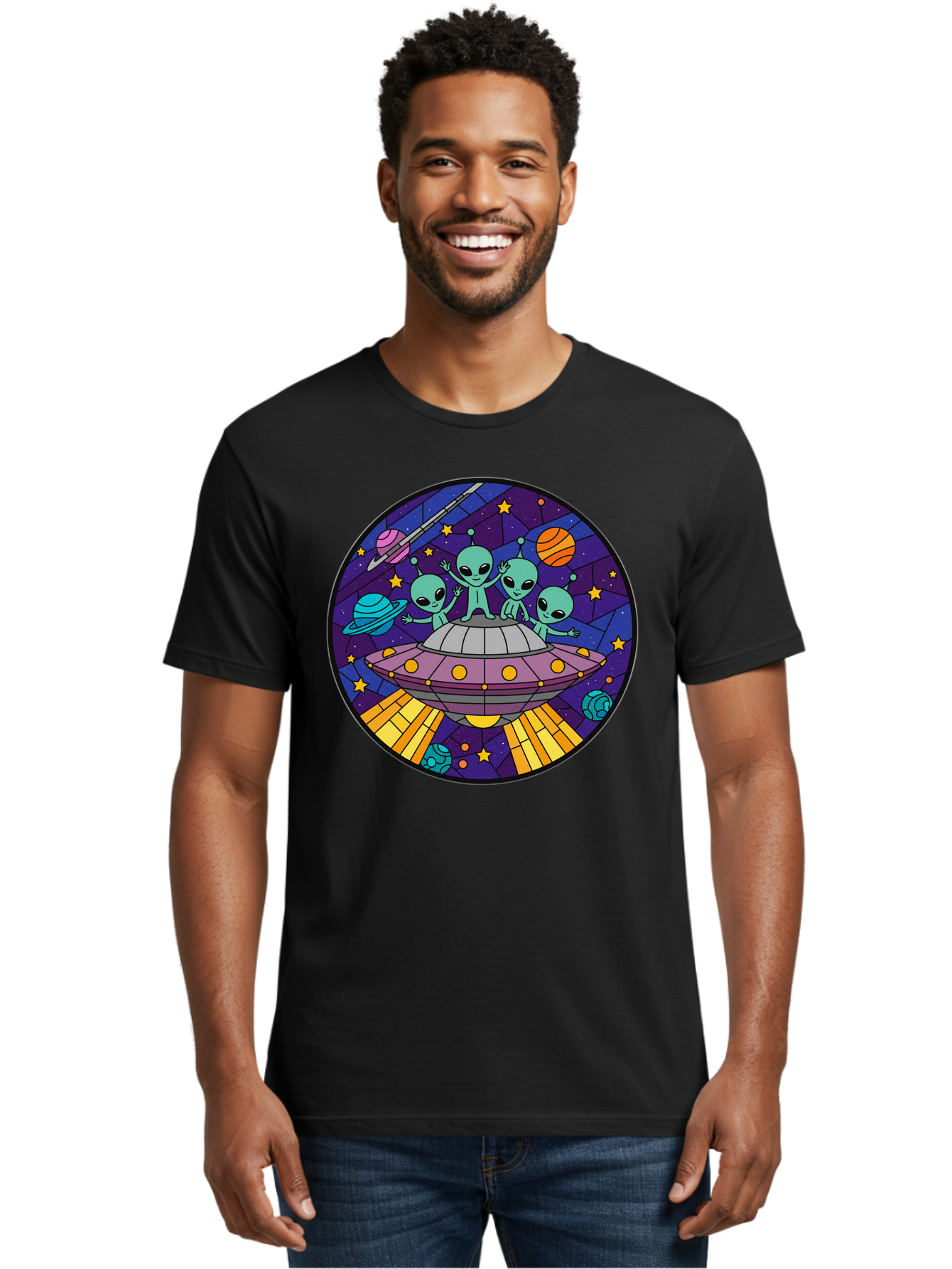 Aliens-On-Ufo-1 Men'S Graphic Tee, 100% Cotton, Comfortable Casual Summer Wear, Machine Washable, Aliens On A Spaceship, Cartoon Aliens, Ufo Sighting, Extraterrestrial Life, Space Travel, Planetary Exploration, Intergalactic Adventure, Bab639 26