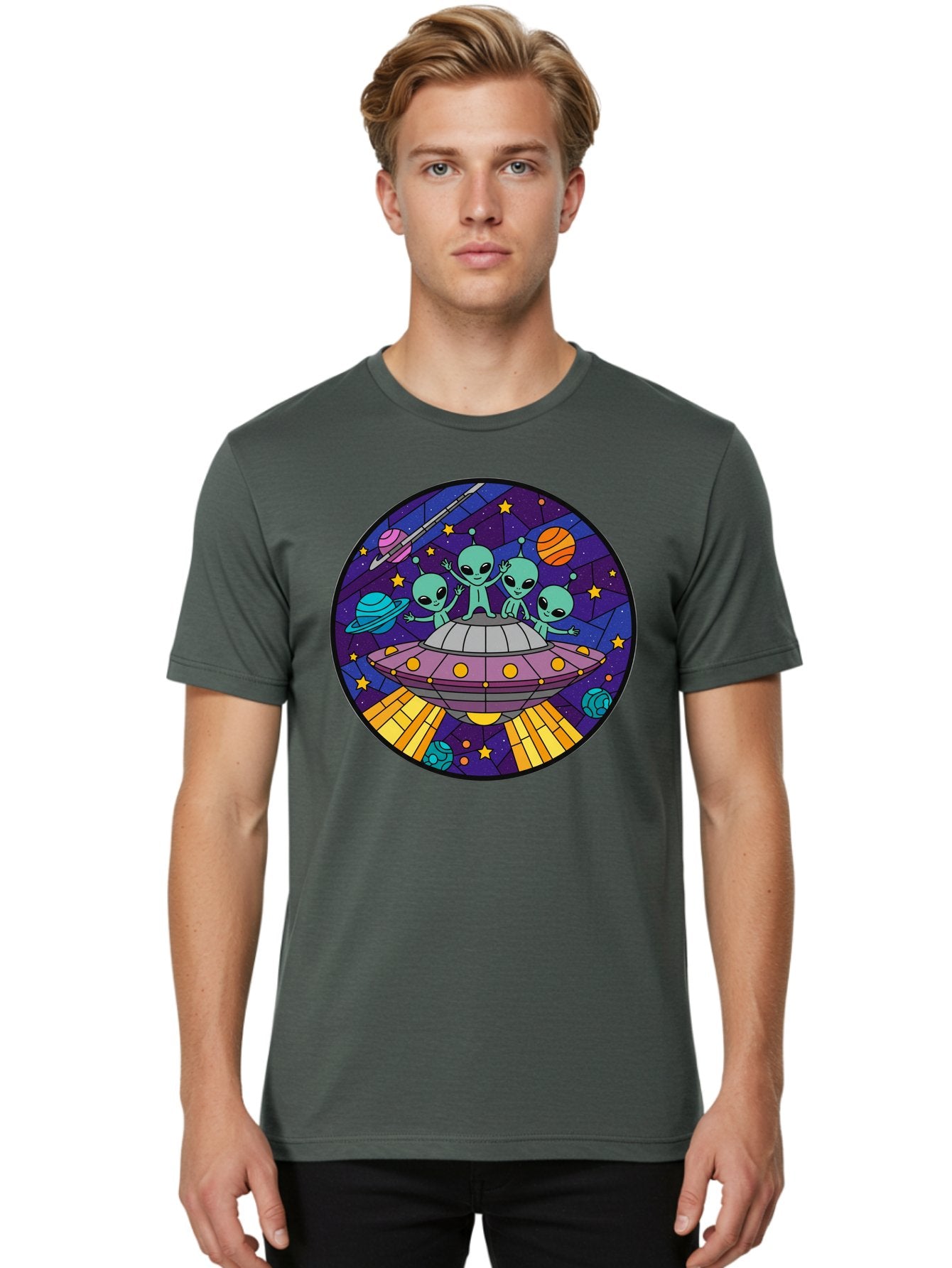 Aliens-On-Ufo-1 Men'S Graphic Tee, 100% Cotton, Comfortable Casual Summer Wear, Machine Washable, Aliens On A Spaceship, Cartoon Aliens, Ufo Sighting, Extraterrestrial Life, Space Travel, Planetary Exploration, Intergalactic Adventure, Bab639 30