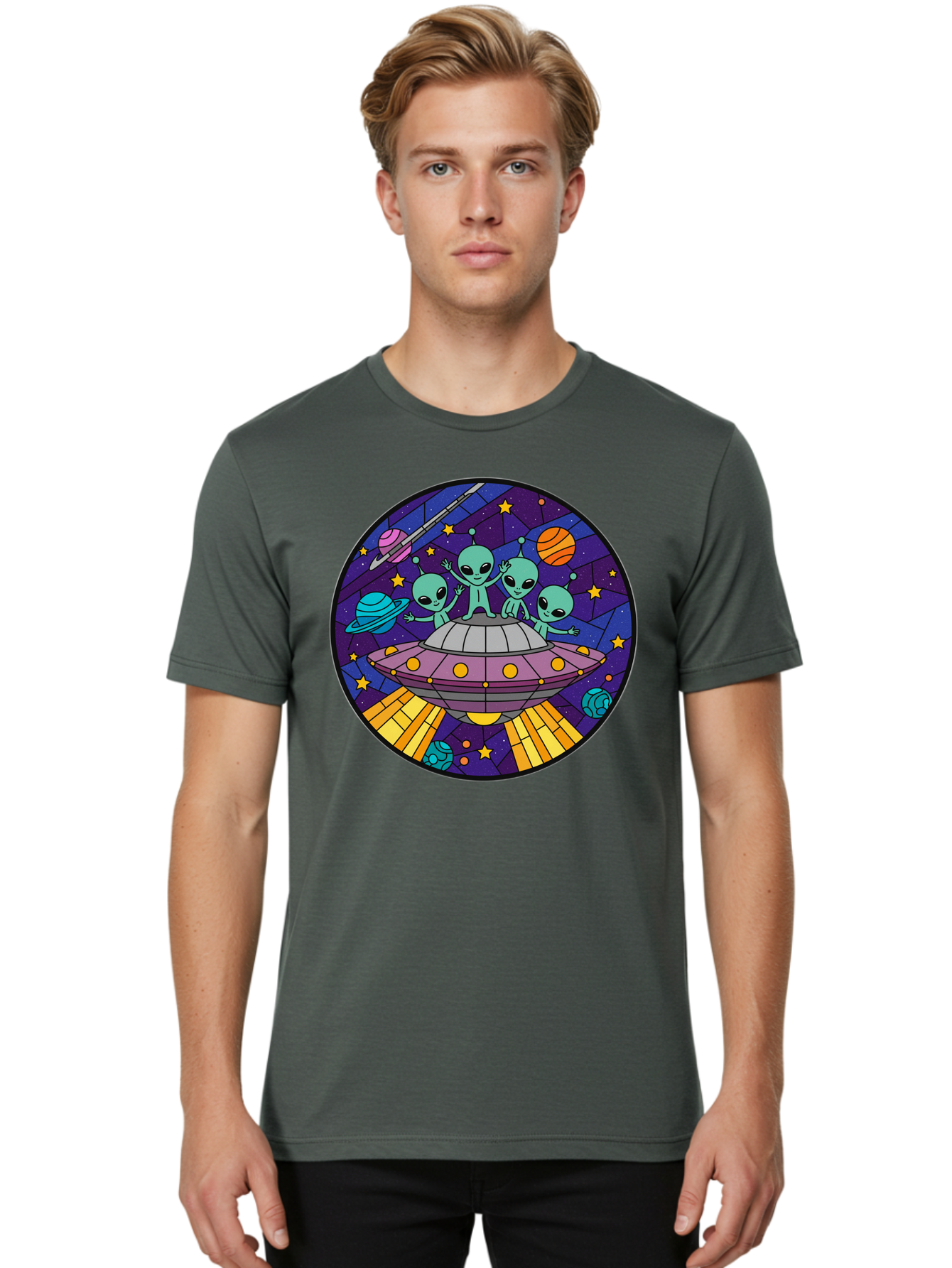 Aliens-On-Ufo-1 Men'S Graphic Tee, 100% Cotton, Comfortable Casual Summer Wear, Machine Washable, Aliens On A Spaceship, Cartoon Aliens, Ufo Sighting, Extraterrestrial Life, Space Travel, Planetary Exploration, Intergalactic Adventure, Bab639 16