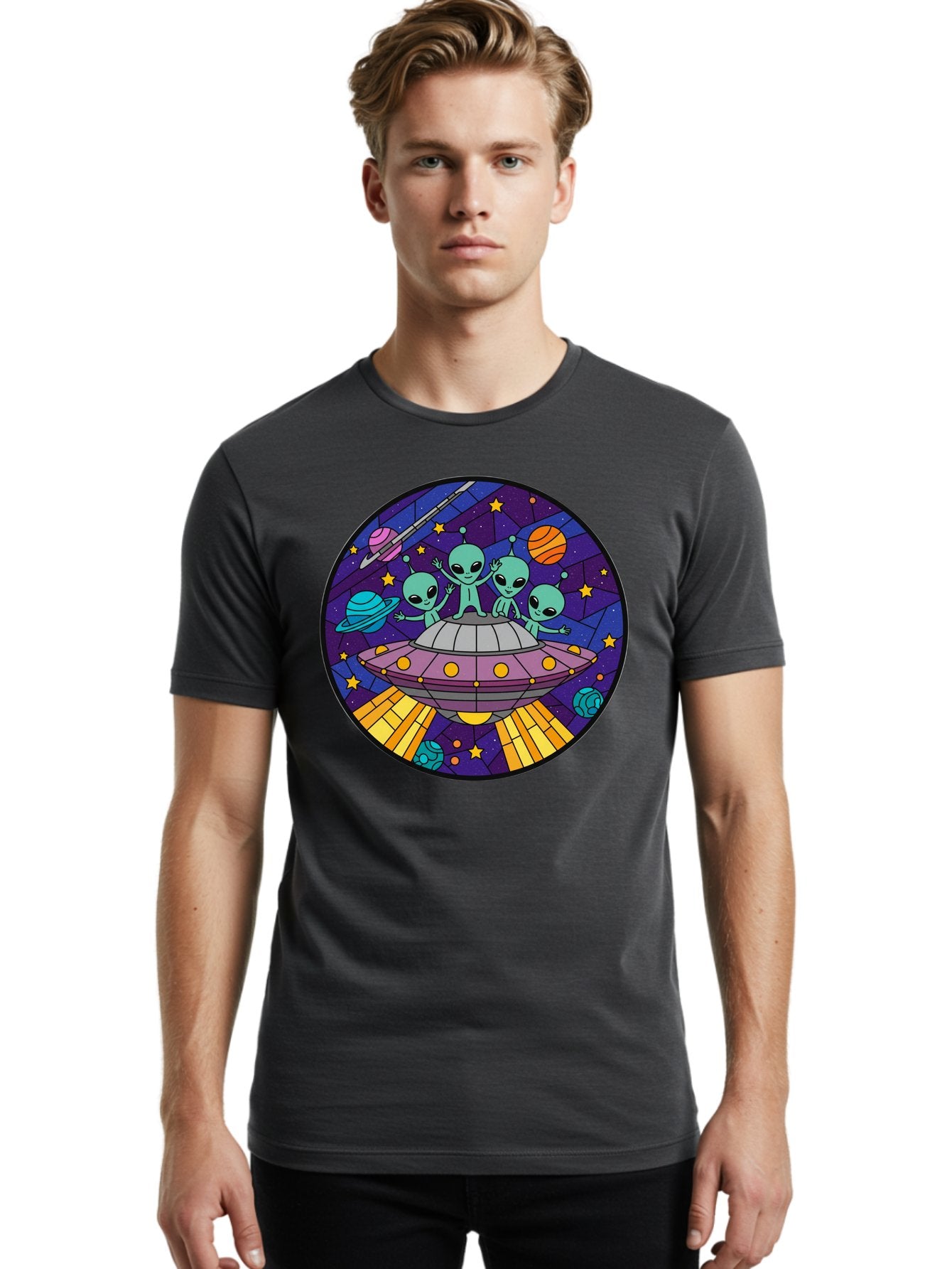 Aliens-On-Ufo-1 Men'S Graphic Tee, 100% Cotton, Comfortable Casual Summer Wear, Machine Washable, Aliens On A Spaceship, Cartoon Aliens, Ufo Sighting, Extraterrestrial Life, Space Travel, Planetary Exploration, Intergalactic Adventure, Bab639 21