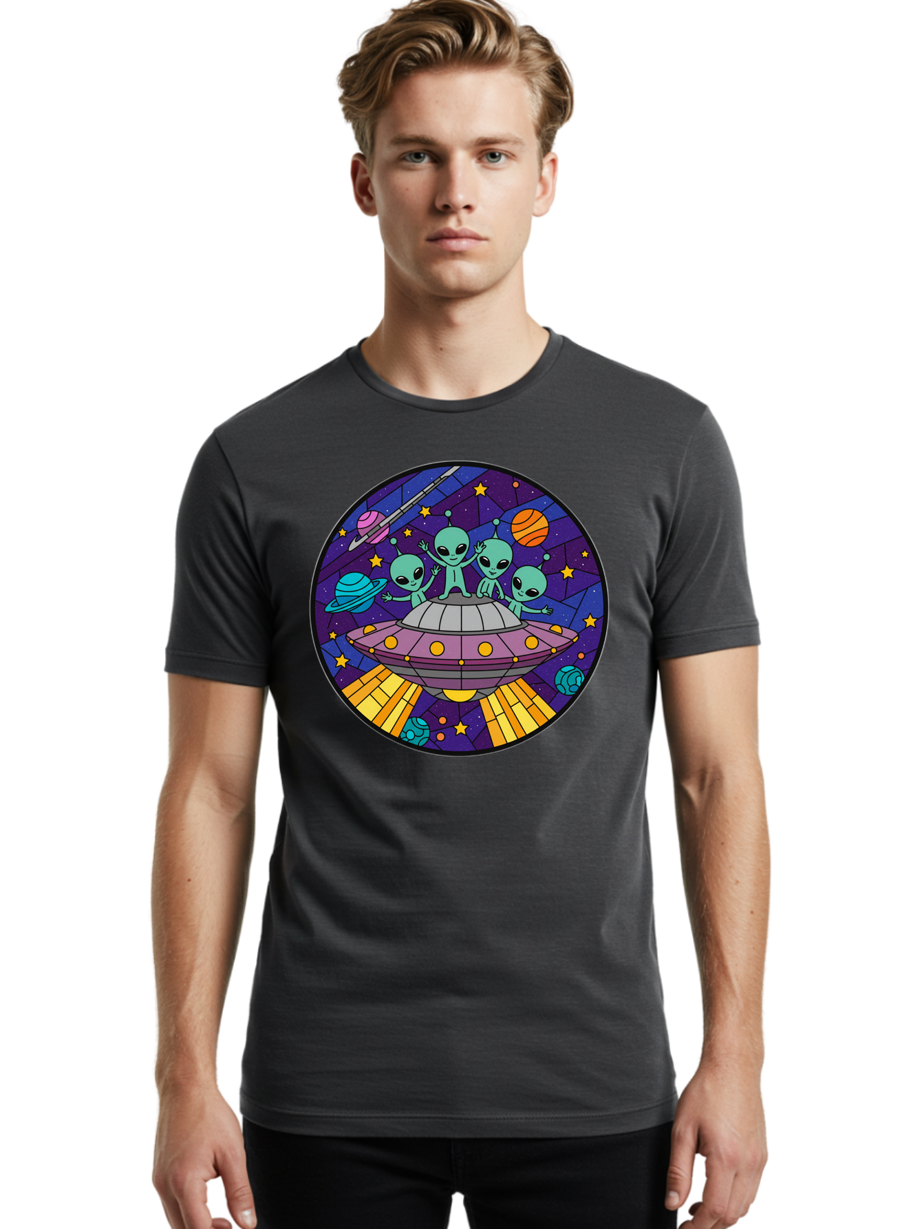 Aliens-On-Ufo-1 Men'S Graphic Tee, 100% Cotton, Comfortable Casual Summer Wear, Machine Washable, Aliens On A Spaceship, Cartoon Aliens, Ufo Sighting, Extraterrestrial Life, Space Travel, Planetary Exploration, Intergalactic Adventure, Bab639 25