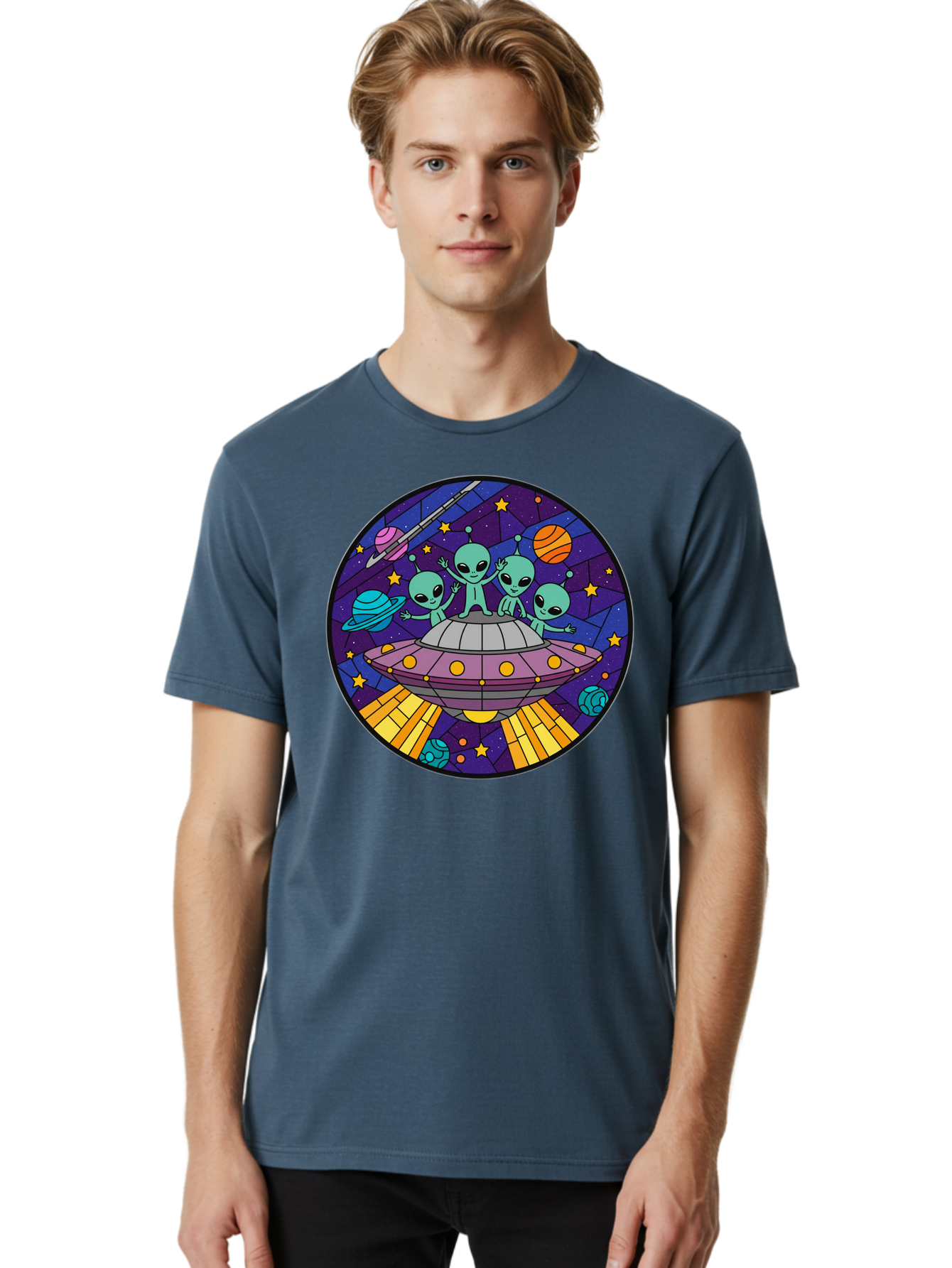 Aliens-On-Ufo-1 Men'S Graphic Tee, 100% Cotton, Comfortable Casual Summer Wear, Machine Washable, Aliens On A Spaceship, Cartoon Aliens, Ufo Sighting, Extraterrestrial Life, Space Travel, Planetary Exploration, Intergalactic Adventure, Bab639 17