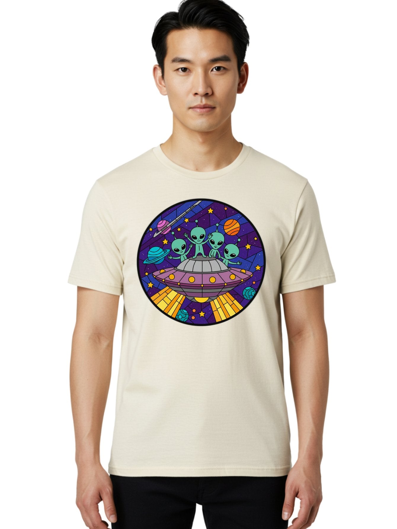 Aliens-On-Ufo-1 Men'S Graphic Tee, 100% Cotton, Comfortable Casual Summer Wear, Machine Washable, Aliens On A Spaceship, Cartoon Aliens, Ufo Sighting, Extraterrestrial Life, Space Travel, Planetary Exploration, Intergalactic Adventure, Bab639 25