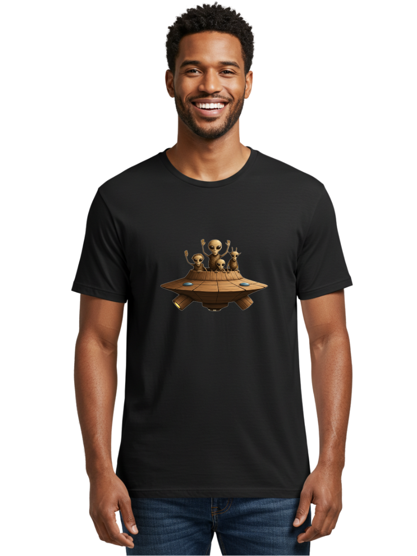 Aliens-On-Ufo-2 Men'S Graphic Tee, 100% Cotton, Comfortable Casual Summer Wear, Machine Washable, Aliens On Spaceship, Ufo Sighting, Extraterrestrial Life, Alien Family, Flying Saucer, Cartoon Style, Humorous Alien Encounter, Sci-Fi Humor, Bab640 22