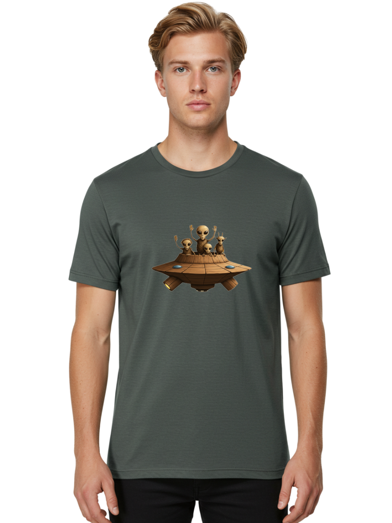 Aliens-On-Ufo-2 Men'S Graphic Tee, 100% Cotton, Comfortable Casual Summer Wear, Machine Washable, Aliens On Spaceship, Ufo Sighting, Extraterrestrial Life, Alien Family, Flying Saucer, Cartoon Style, Humorous Alien Encounter, Sci-Fi Humor, Bab640 29