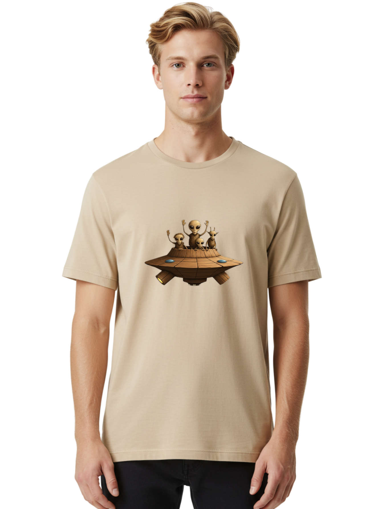 Aliens-On-Ufo-2 Men'S Graphic Tee, 100% Cotton, Comfortable Casual Summer Wear, Machine Washable, Aliens On Spaceship, Ufo Sighting, Extraterrestrial Life, Alien Family, Flying Saucer, Cartoon Style, Humorous Alien Encounter, Sci-Fi Humor, Bab640 27