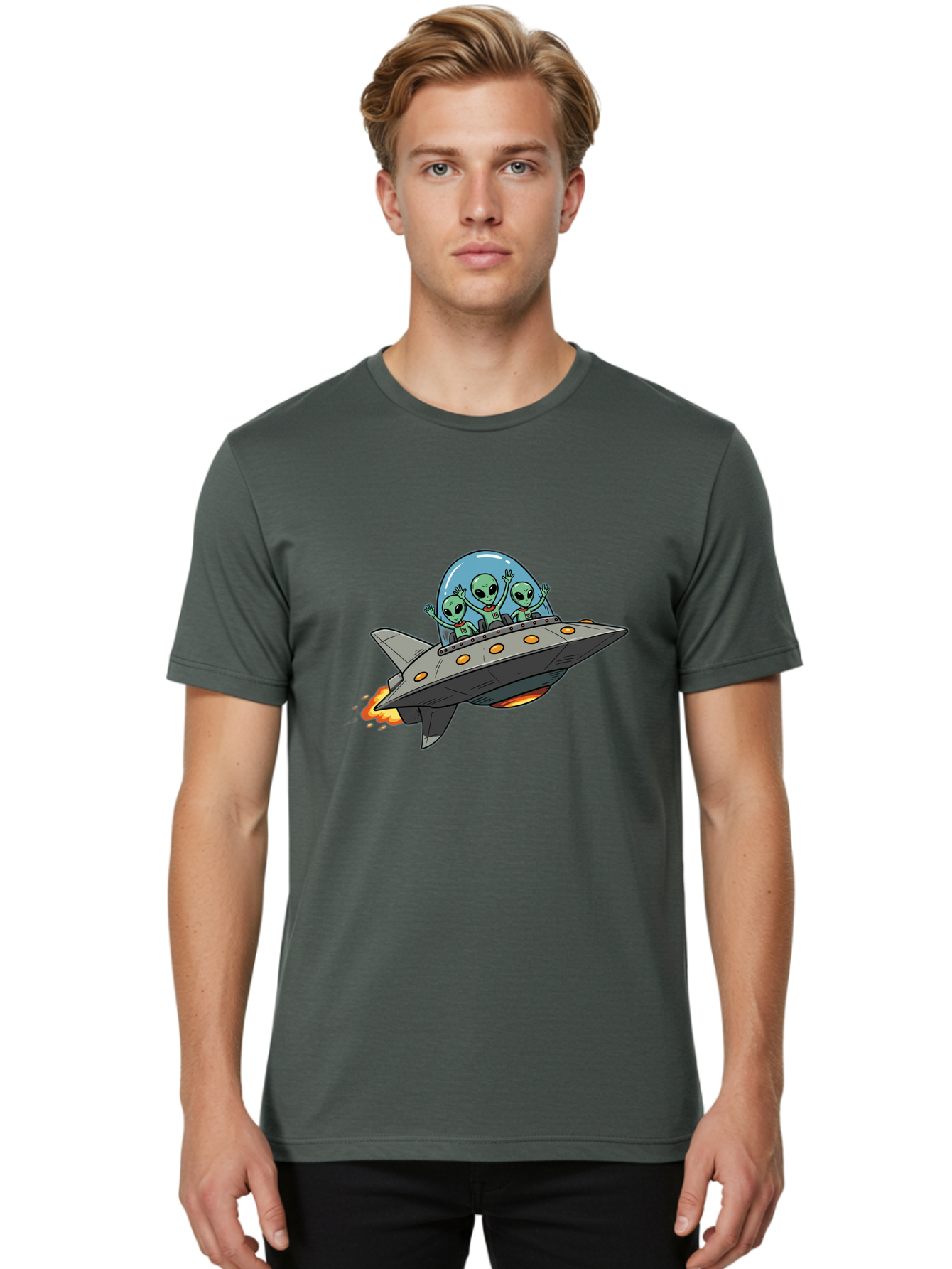 Aliens-On-Ufo-3 Men'S Graphic Tee, 100% Cotton, Comfortable Casual Summer Wear, Machine Washable, Cartoon Aliens, Grey Spaceship, Extraterrestrial Travel, Alien Adventure, Sci-Fi, Futuristic, Space Exploration, Friendly Aliens, Bab641 24