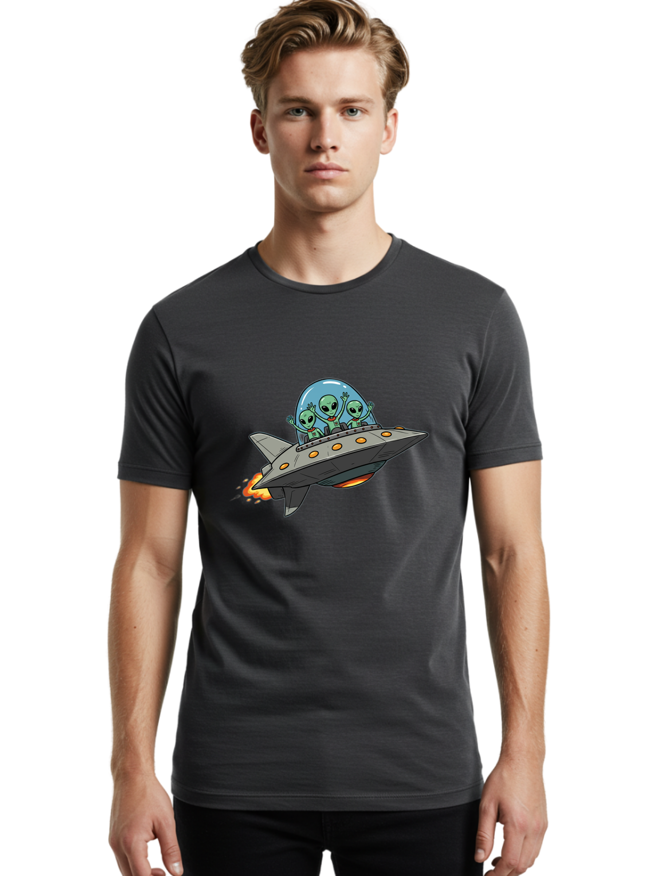 Aliens-On-Ufo-3 Men'S Graphic Tee, 100% Cotton, Comfortable Casual Summer Wear, Machine Washable, Cartoon Aliens, Grey Spaceship, Extraterrestrial Travel, Alien Adventure, Sci-Fi, Futuristic, Space Exploration, Friendly Aliens, Bab641 30