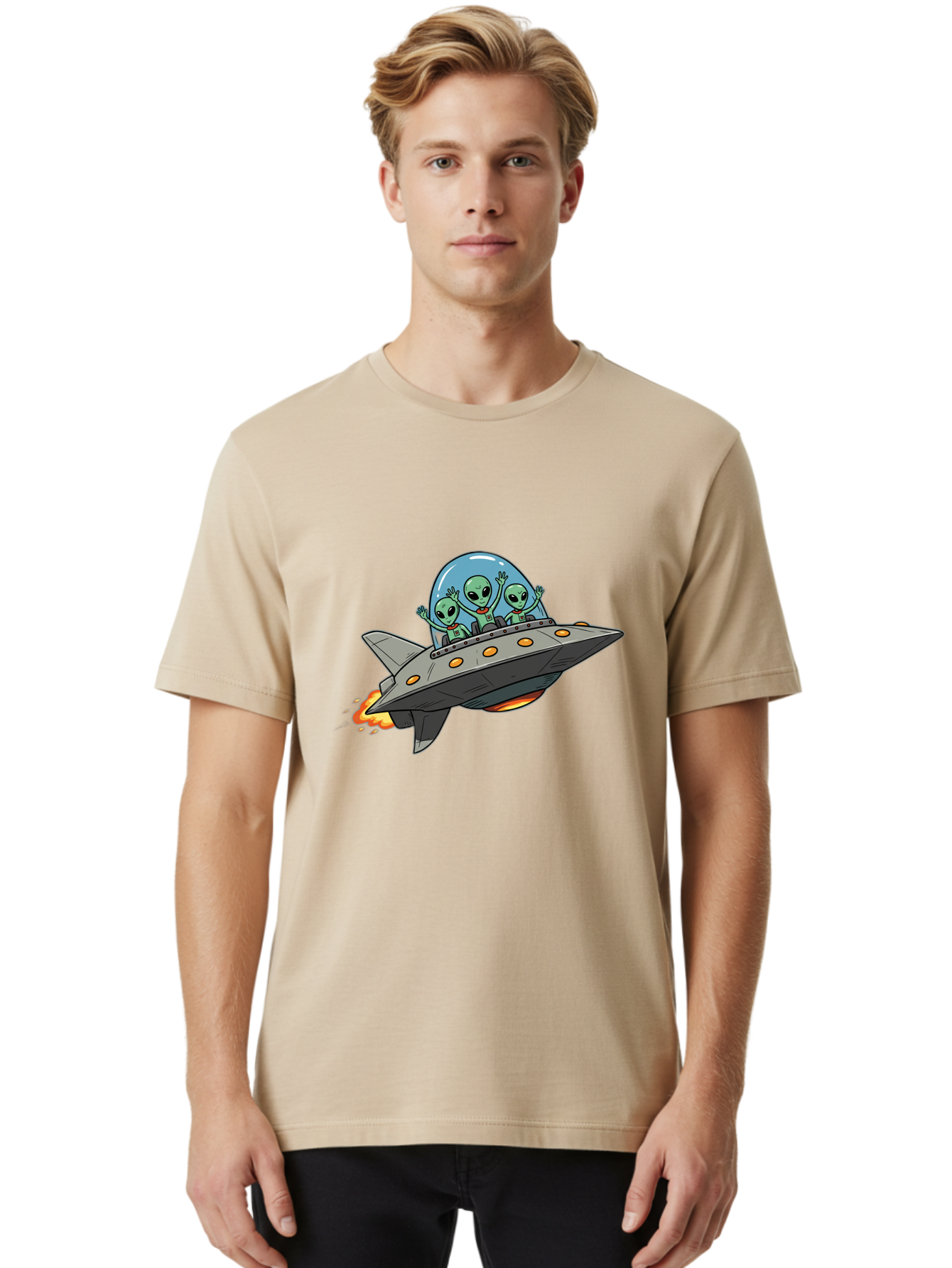 Aliens-On-Ufo-3 Men'S Graphic Tee, 100% Cotton, Comfortable Casual Summer Wear, Machine Washable, Cartoon Aliens, Grey Spaceship, Extraterrestrial Travel, Alien Adventure, Sci-Fi, Futuristic, Space Exploration, Friendly Aliens, Bab641 25