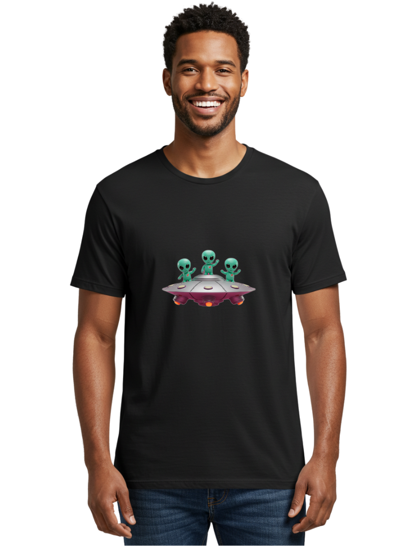 Aliens-On-Ufo Men'S Graphic Tee, 100% Cotton, Comfortable Casual Summer Wear, Machine Washable, Cartoon Aliens, Ufo Spaceship, Extraterrestrial Life, Science Fiction, Friendly Aliens, Outer Space, Futuristic Design, Glowing Lights, Bab642 23