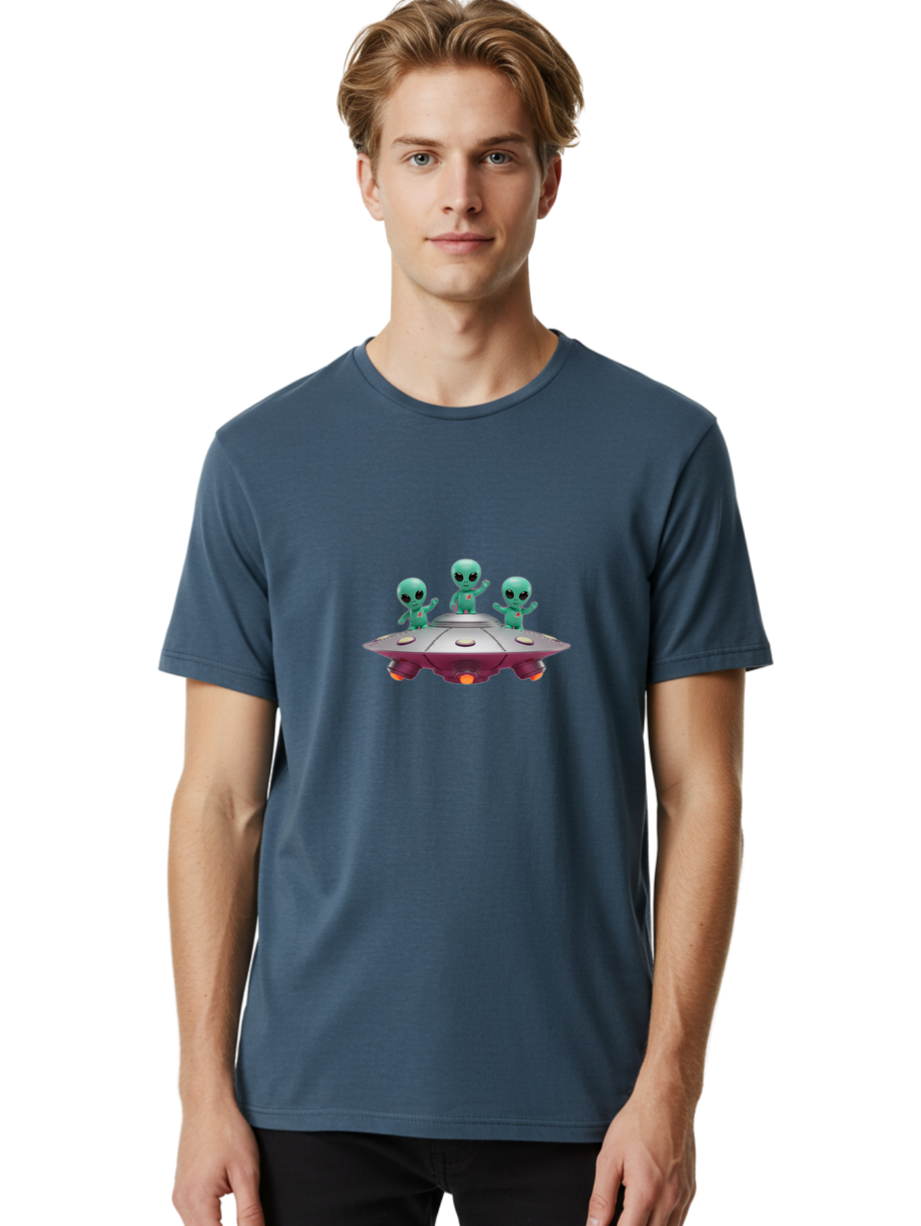 Aliens-On-Ufo Men'S Graphic Tee, 100% Cotton, Comfortable Casual Summer Wear, Machine Washable, Cartoon Aliens, Ufo Spaceship, Extraterrestrial Life, Science Fiction, Friendly Aliens, Outer Space, Futuristic Design, Glowing Lights, Bab642 22