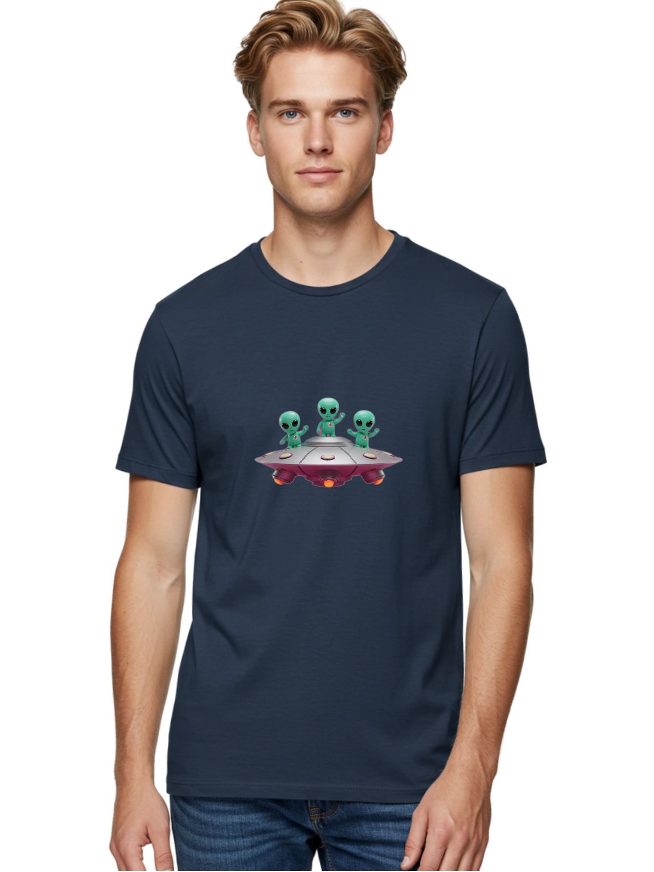 Aliens-On-Ufo Men'S Graphic Tee, 100% Cotton, Comfortable Casual Summer Wear, Machine Washable, Cartoon Aliens, Ufo Spaceship, Extraterrestrial Life, Science Fiction, Friendly Aliens, Outer Space, Futuristic Design, Glowing Lights, Bab642 17