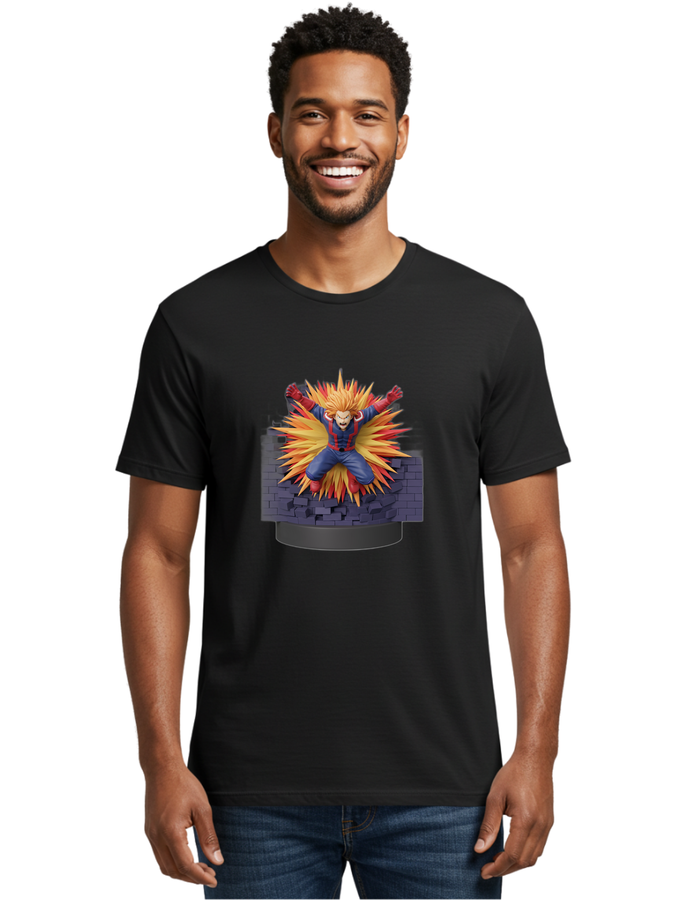 All-Might Men'S Graphic Tee, 100% Cotton, Comfortable Casual Summer Wear, Machine Washable, Anime Figurine, Action Figure, All Might, My Hero Academia, Intense Expression, Dynamic Pose, Blue And Red Costume, Dramatic Explosion, 3D Model, Bab643 25