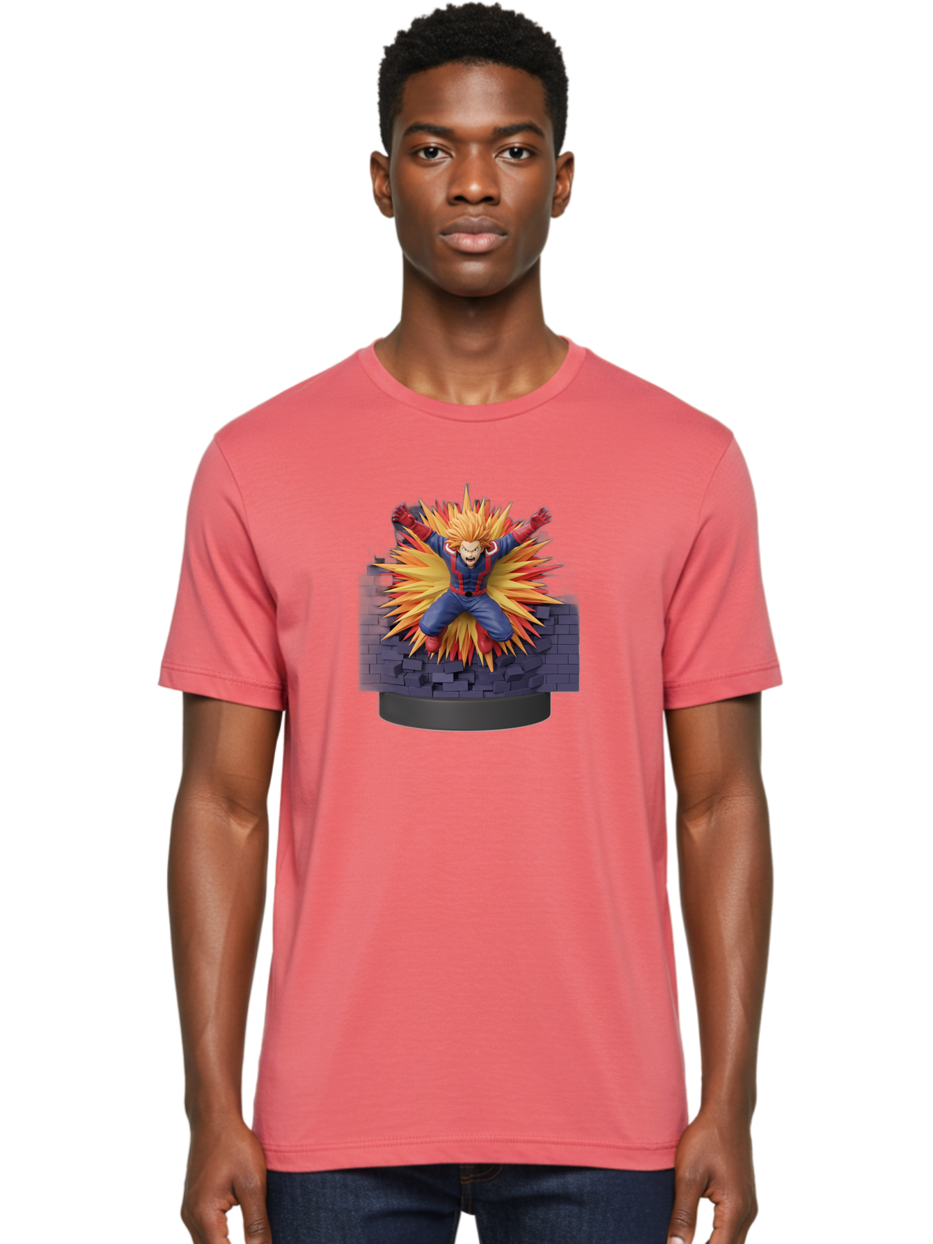 All-Might Men'S Graphic Tee, 100% Cotton, Comfortable Casual Summer Wear, Machine Washable, Anime Figurine, Action Figure, All Might, My Hero Academia, Intense Expression, Dynamic Pose, Blue And Red Costume, Dramatic Explosion, 3D Model, Bab643 26