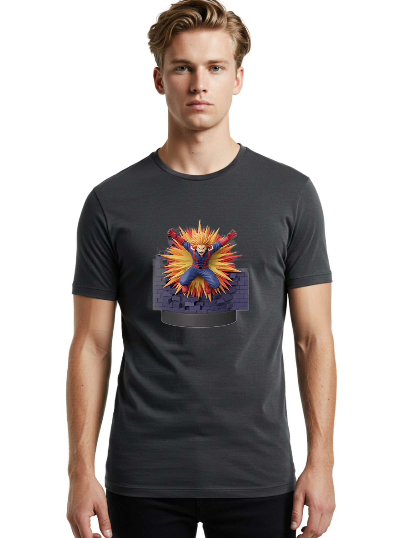 All-Might Men'S Graphic Tee, 100% Cotton, Comfortable Casual Summer Wear, Machine Washable, Anime Figurine, Action Figure, All Might, My Hero Academia, Intense Expression, Dynamic Pose, Blue And Red Costume, Dramatic Explosion, 3D Model, Bab643 27