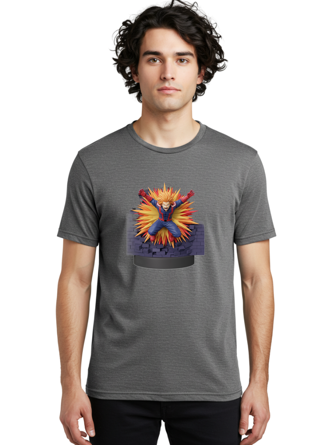 All-Might Men'S Graphic Tee, 100% Cotton, Comfortable Casual Summer Wear, Machine Washable, Anime Figurine, Action Figure, All Might, My Hero Academia, Intense Expression, Dynamic Pose, Blue And Red Costume, Dramatic Explosion, 3D Model, Bab643 18