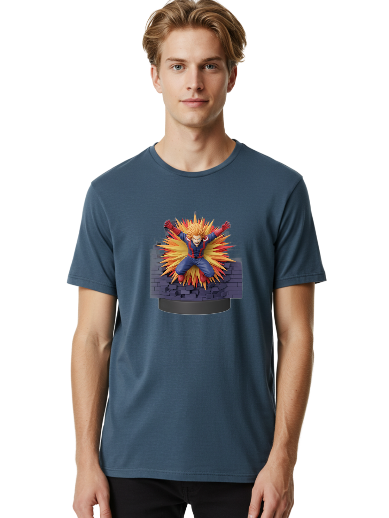 All-Might Men'S Graphic Tee, 100% Cotton, Comfortable Casual Summer Wear, Machine Washable, Anime Figurine, Action Figure, All Might, My Hero Academia, Intense Expression, Dynamic Pose, Blue And Red Costume, Dramatic Explosion, 3D Model, Bab643 21