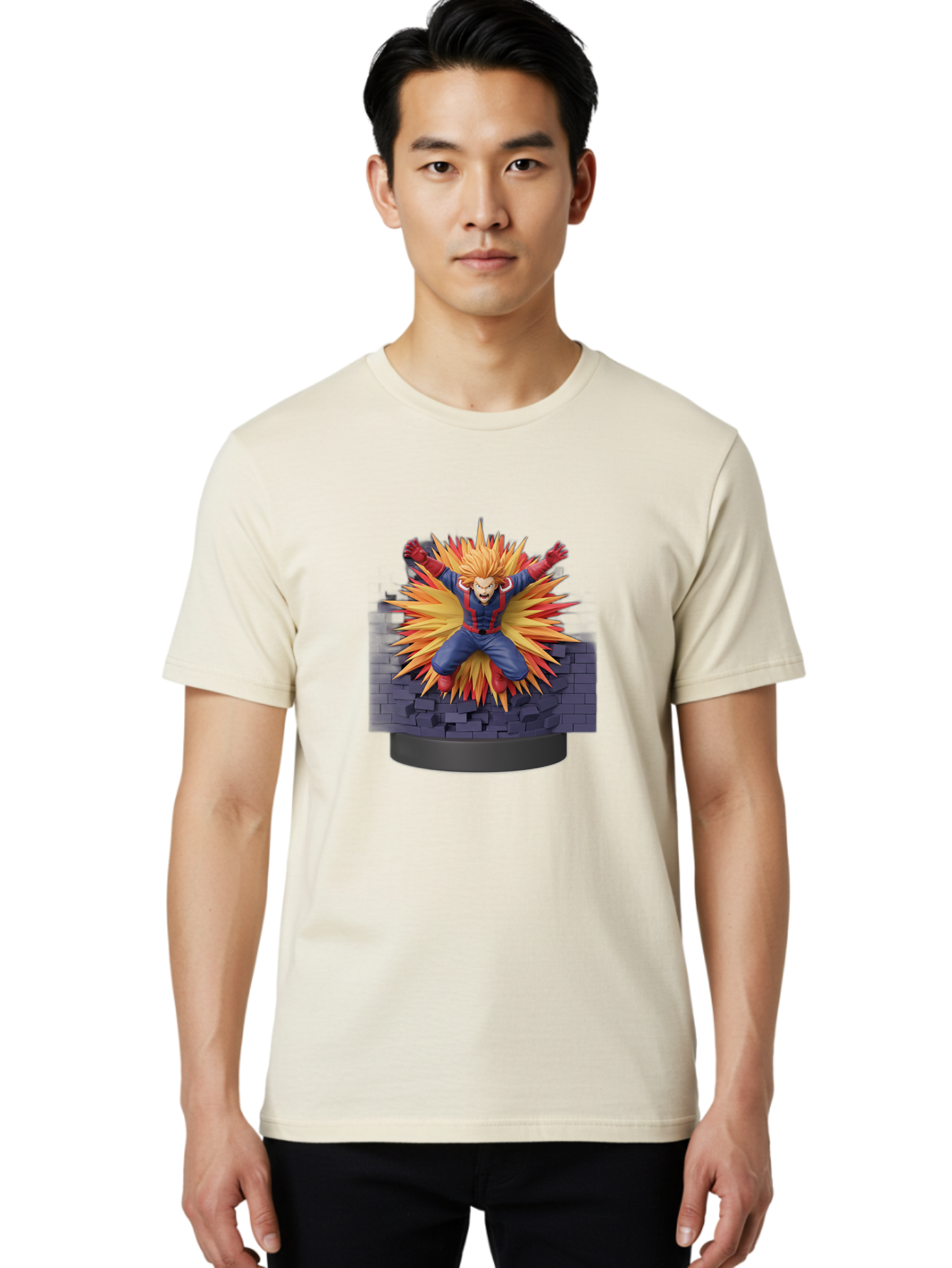 All-Might Men'S Graphic Tee, 100% Cotton, Comfortable Casual Summer Wear, Machine Washable, Anime Figurine, Action Figure, All Might, My Hero Academia, Intense Expression, Dynamic Pose, Blue And Red Costume, Dramatic Explosion, 3D Model, Bab643 20