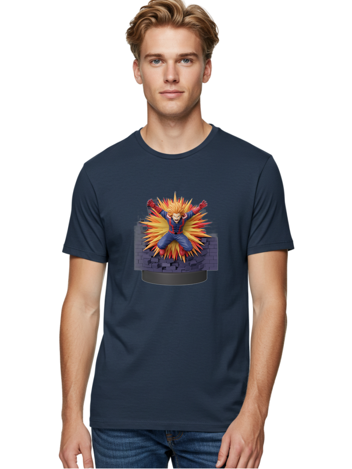 All-Might Men'S Graphic Tee, 100% Cotton, Comfortable Casual Summer Wear, Machine Washable, Anime Figurine, Action Figure, All Might, My Hero Academia, Intense Expression, Dynamic Pose, Blue And Red Costume, Dramatic Explosion, 3D Model, Bab643 19