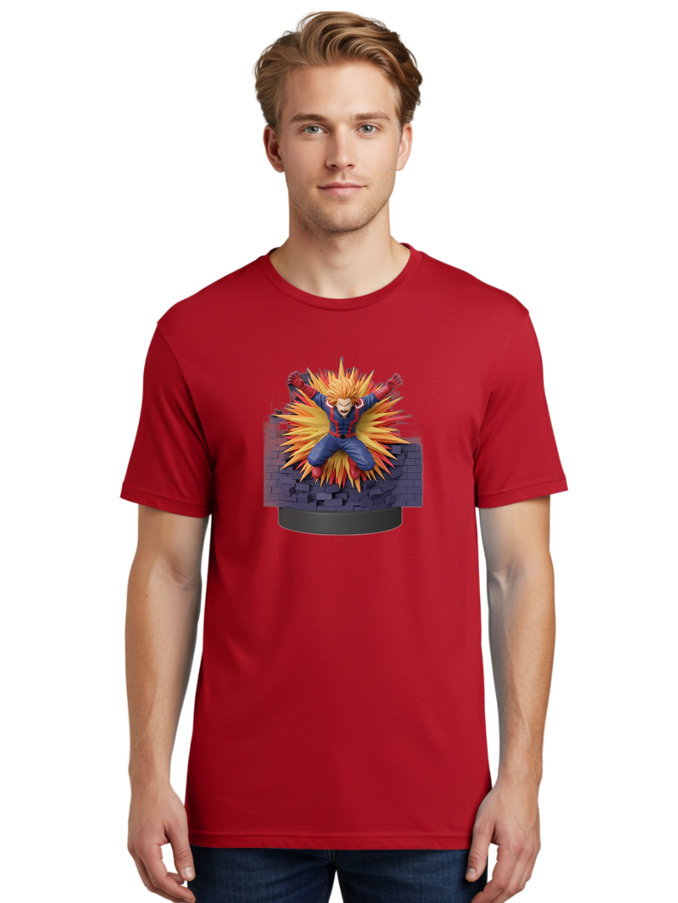 All-Might Men'S Graphic Tee, 100% Cotton, Comfortable Casual Summer Wear, Machine Washable, Anime Figurine, Action Figure, All Might, My Hero Academia, Intense Expression, Dynamic Pose, Blue And Red Costume, Dramatic Explosion, 3D Model, Bab643 16