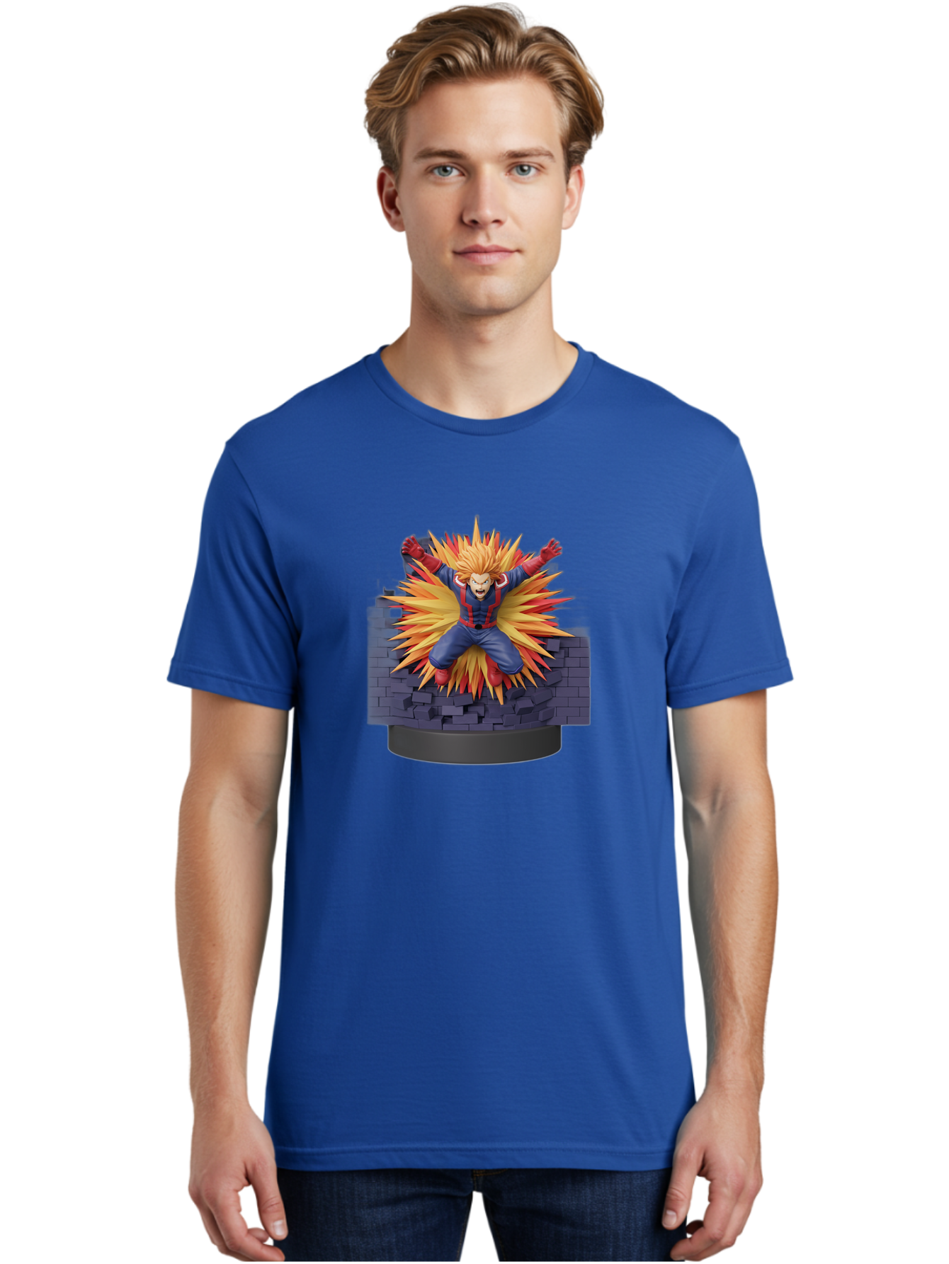 All-Might Men'S Graphic Tee, 100% Cotton, Comfortable Casual Summer Wear, Machine Washable, Anime Figurine, Action Figure, All Might, My Hero Academia, Intense Expression, Dynamic Pose, Blue And Red Costume, Dramatic Explosion, 3D Model, Bab643 17