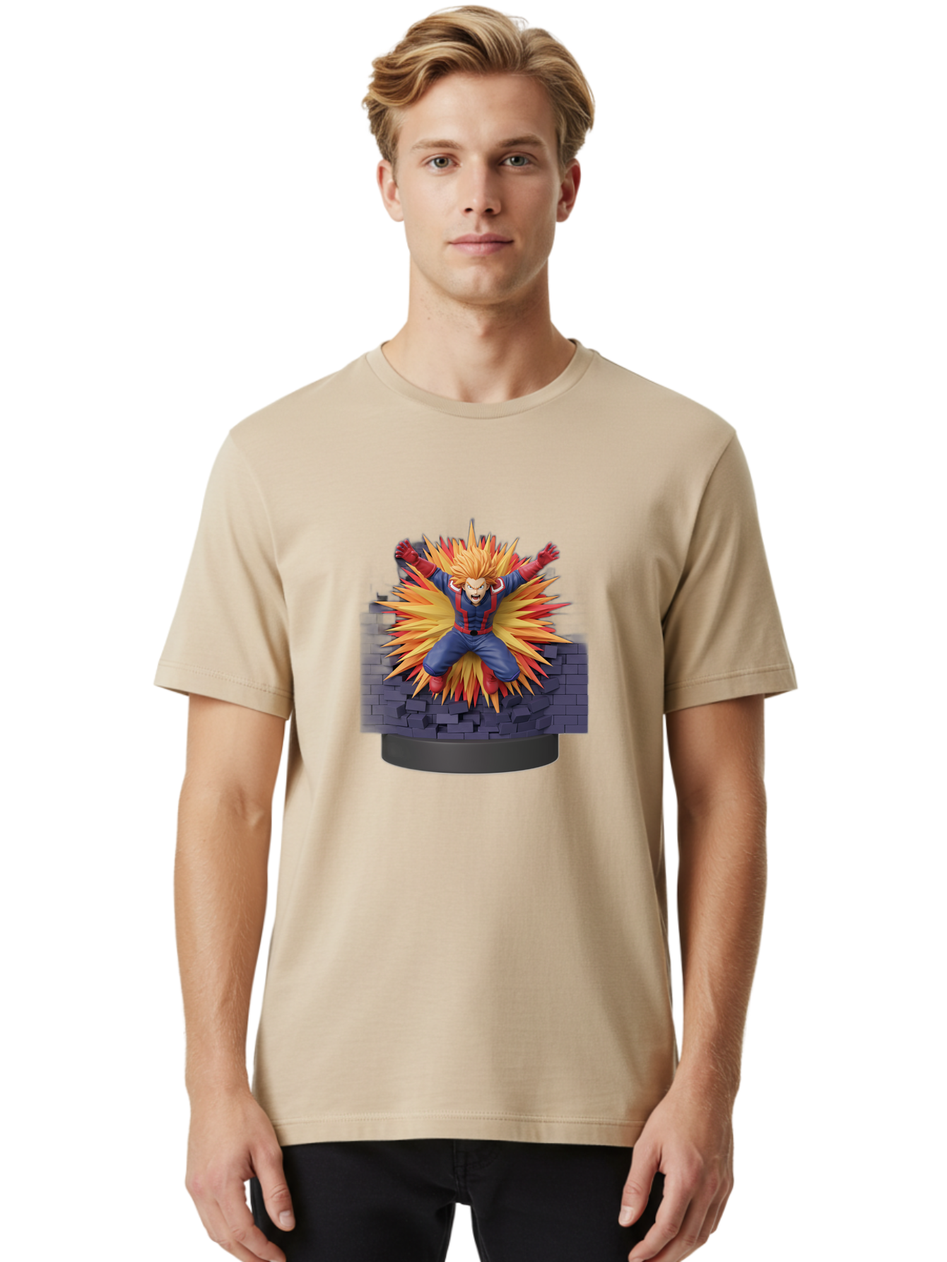 All-Might Men'S Graphic Tee, 100% Cotton, Comfortable Casual Summer Wear, Machine Washable, Anime Figurine, Action Figure, All Might, My Hero Academia, Intense Expression, Dynamic Pose, Blue And Red Costume, Dramatic Explosion, 3D Model, Bab643 28