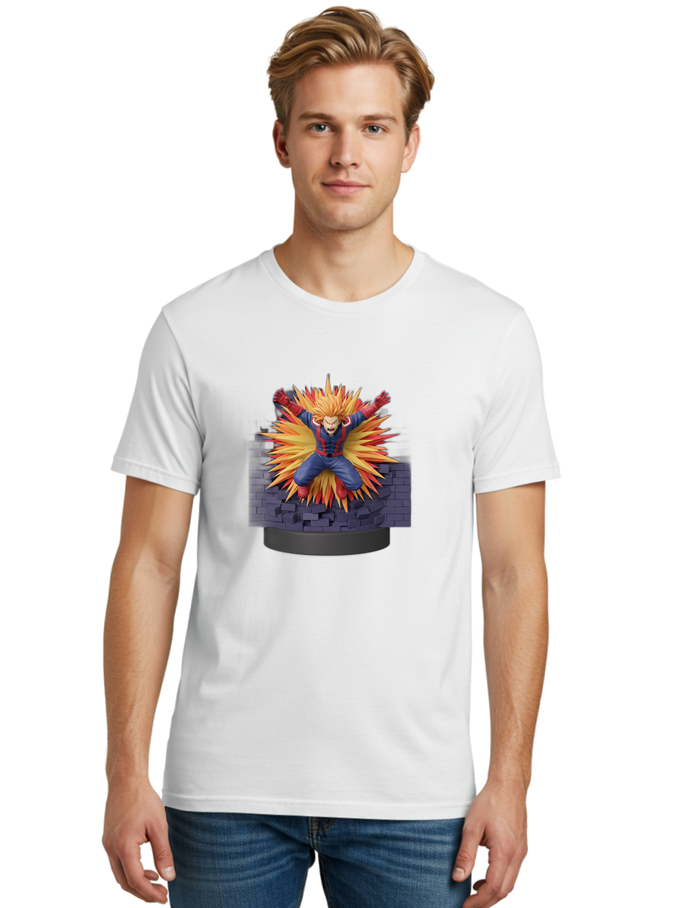All-Might Men'S Graphic Tee, 100% Cotton, Comfortable Casual Summer Wear, Machine Washable, Anime Figurine, Action Figure, All Might, My Hero Academia, Intense Expression, Dynamic Pose, Blue And Red Costume, Dramatic Explosion, 3D Model, Bab643 30