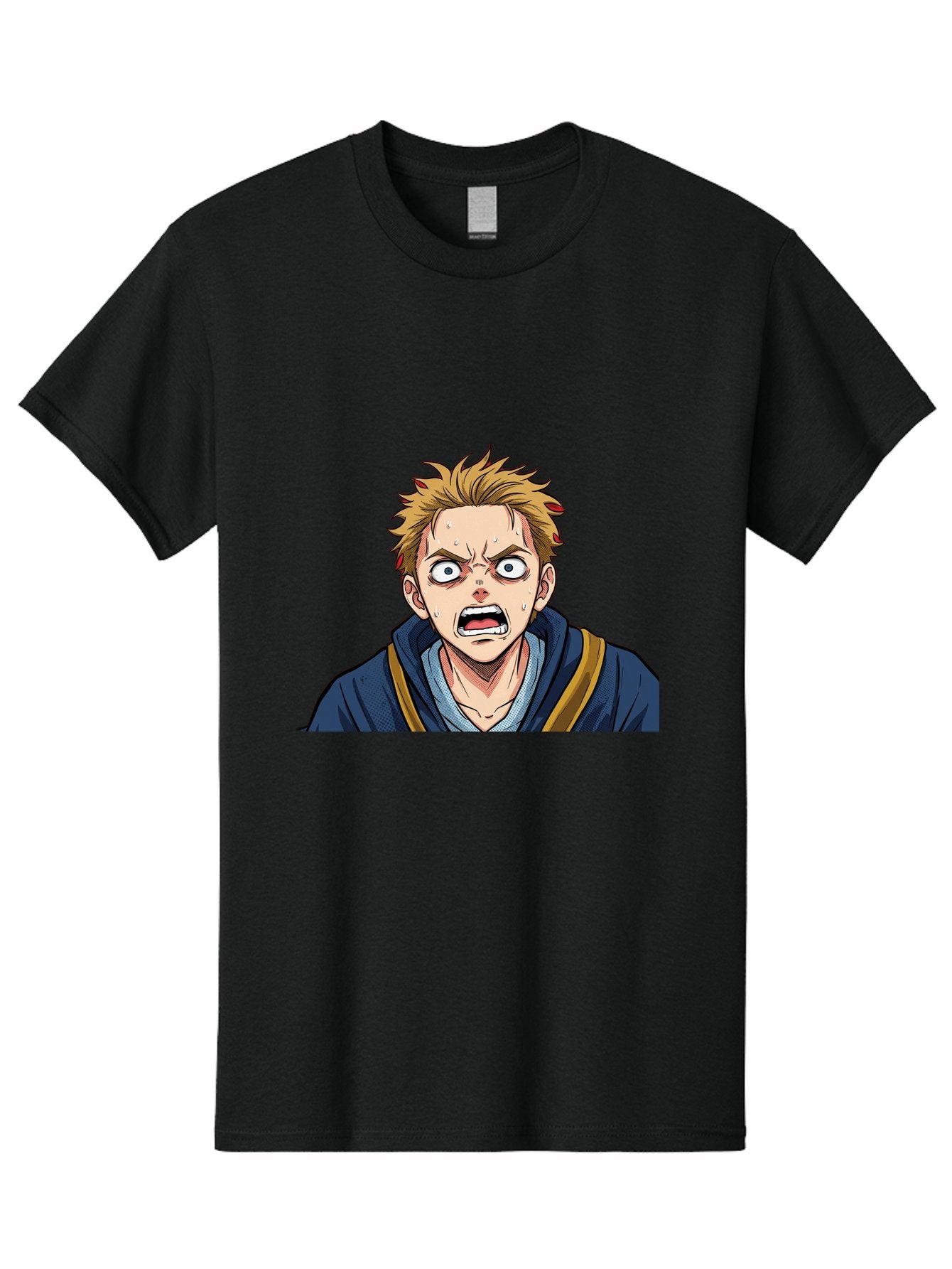 Angry-Anime-Boy Men'S Graphic Tee, 100% Cotton, Comfortable Casual Summer Wear, Machine Washable, Cartoon Character, Young Man, Blond Hair, Blue Hoodie, Shocked Expression, Wide-Eyed, Open-Mouthed, Intense Emotion, Dynamic Pose, Bab644 3