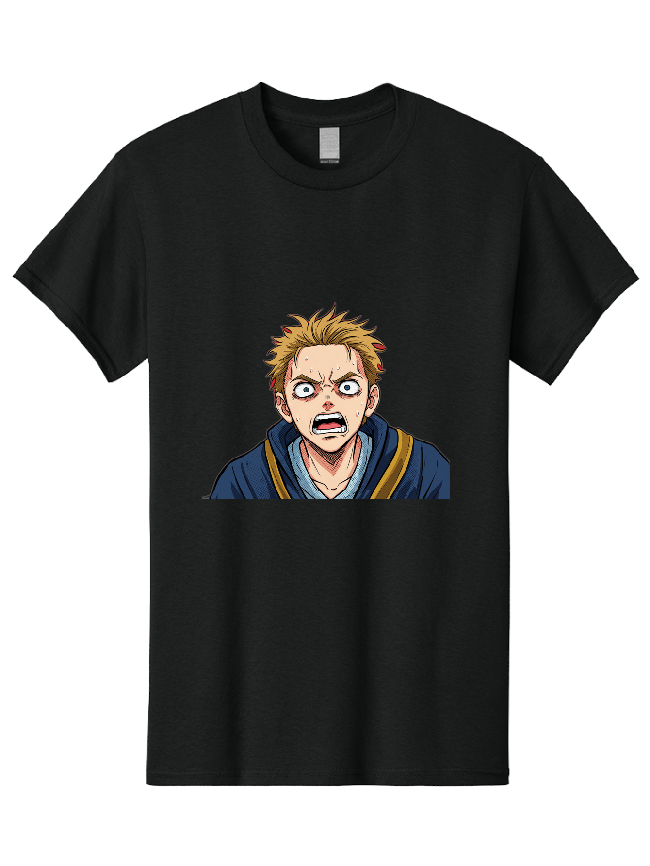 Angry-Anime-Boy Men'S Graphic Tee, 100% Cotton, Comfortable Casual Summer Wear, Machine Washable, Cartoon Character, Young Man, Blond Hair, Blue Hoodie, Shocked Expression, Wide-Eyed, Open-Mouthed, Intense Emotion, Dynamic Pose, Bab644 9