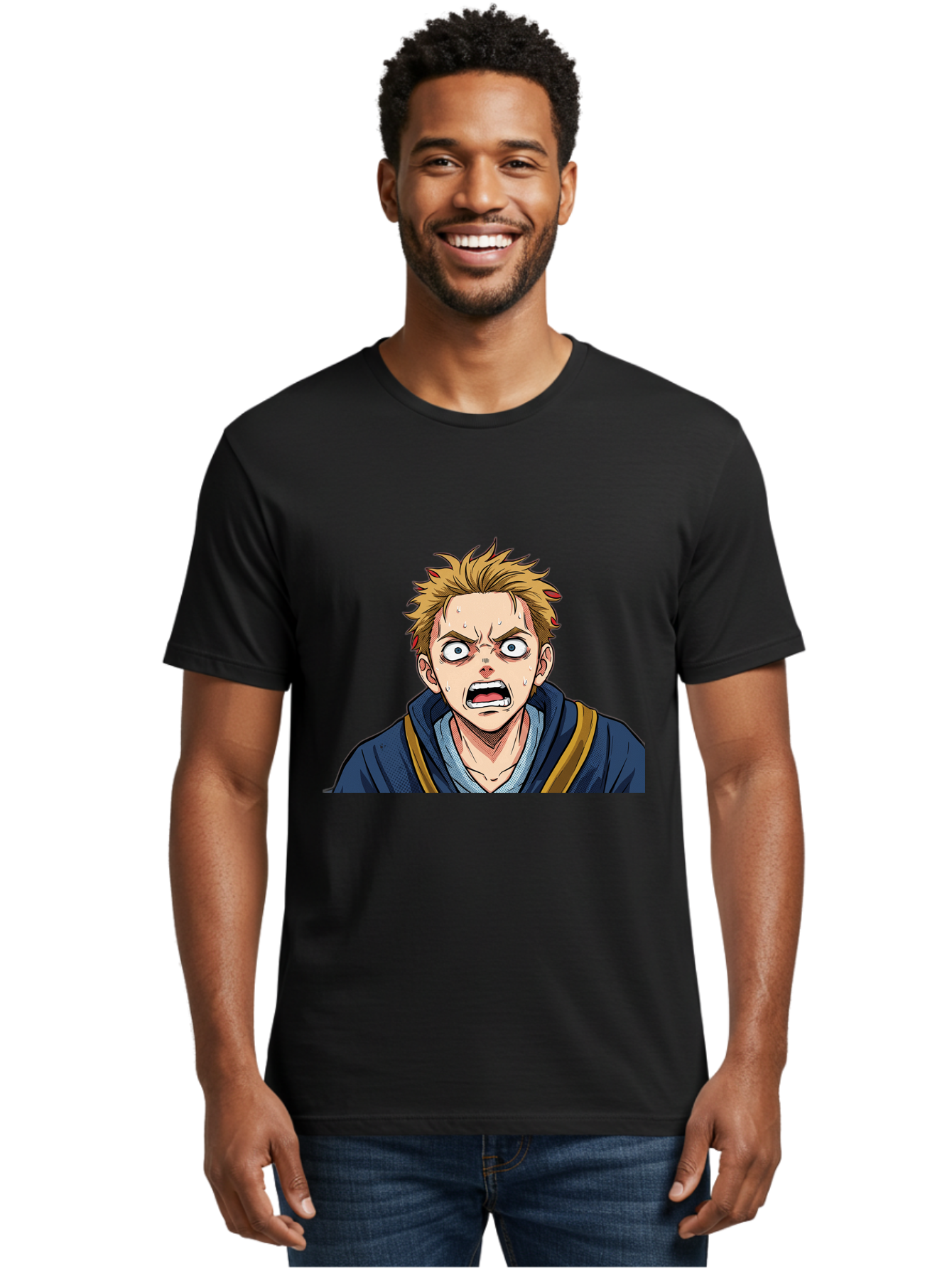 Angry-Anime-Boy Men'S Graphic Tee, 100% Cotton, Comfortable Casual Summer Wear, Machine Washable, Cartoon Character, Young Man, Blond Hair, Blue Hoodie, Shocked Expression, Wide-Eyed, Open-Mouthed, Intense Emotion, Dynamic Pose, Bab644 24