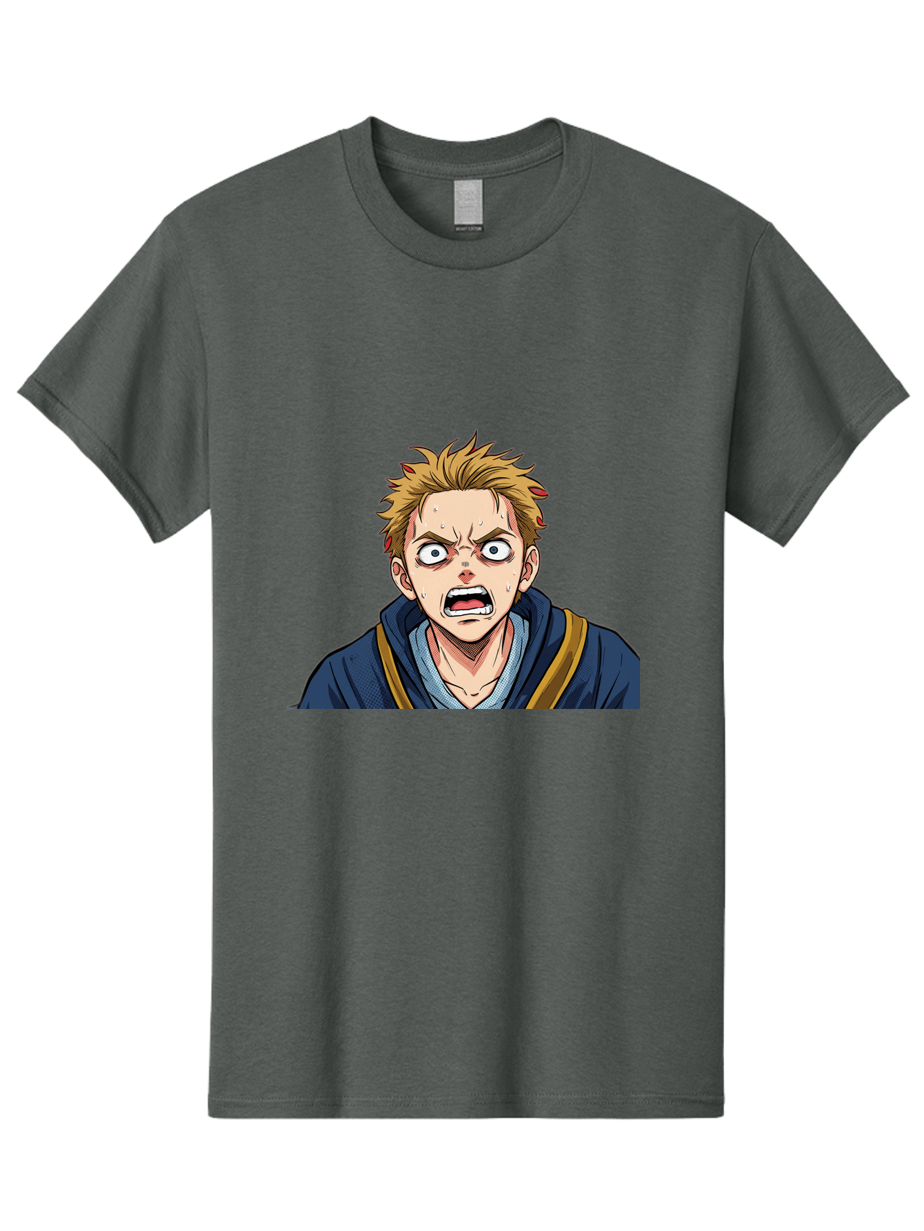 Angry-Anime-Boy Men'S Graphic Tee, 100% Cotton, Comfortable Casual Summer Wear, Machine Washable, Cartoon Character, Young Man, Blond Hair, Blue Hoodie, Shocked Expression, Wide-Eyed, Open-Mouthed, Intense Emotion, Dynamic Pose, Bab644 13