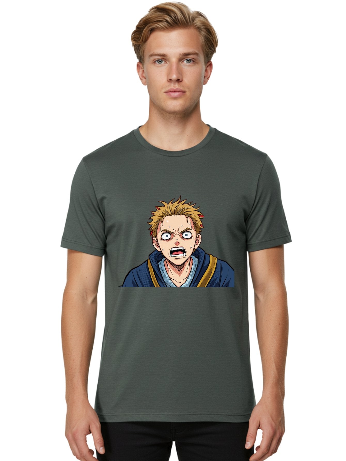 Angry-Anime-Boy Men'S Graphic Tee, 100% Cotton, Comfortable Casual Summer Wear, Machine Washable, Cartoon Character, Young Man, Blond Hair, Blue Hoodie, Shocked Expression, Wide-Eyed, Open-Mouthed, Intense Emotion, Dynamic Pose, Bab644 16