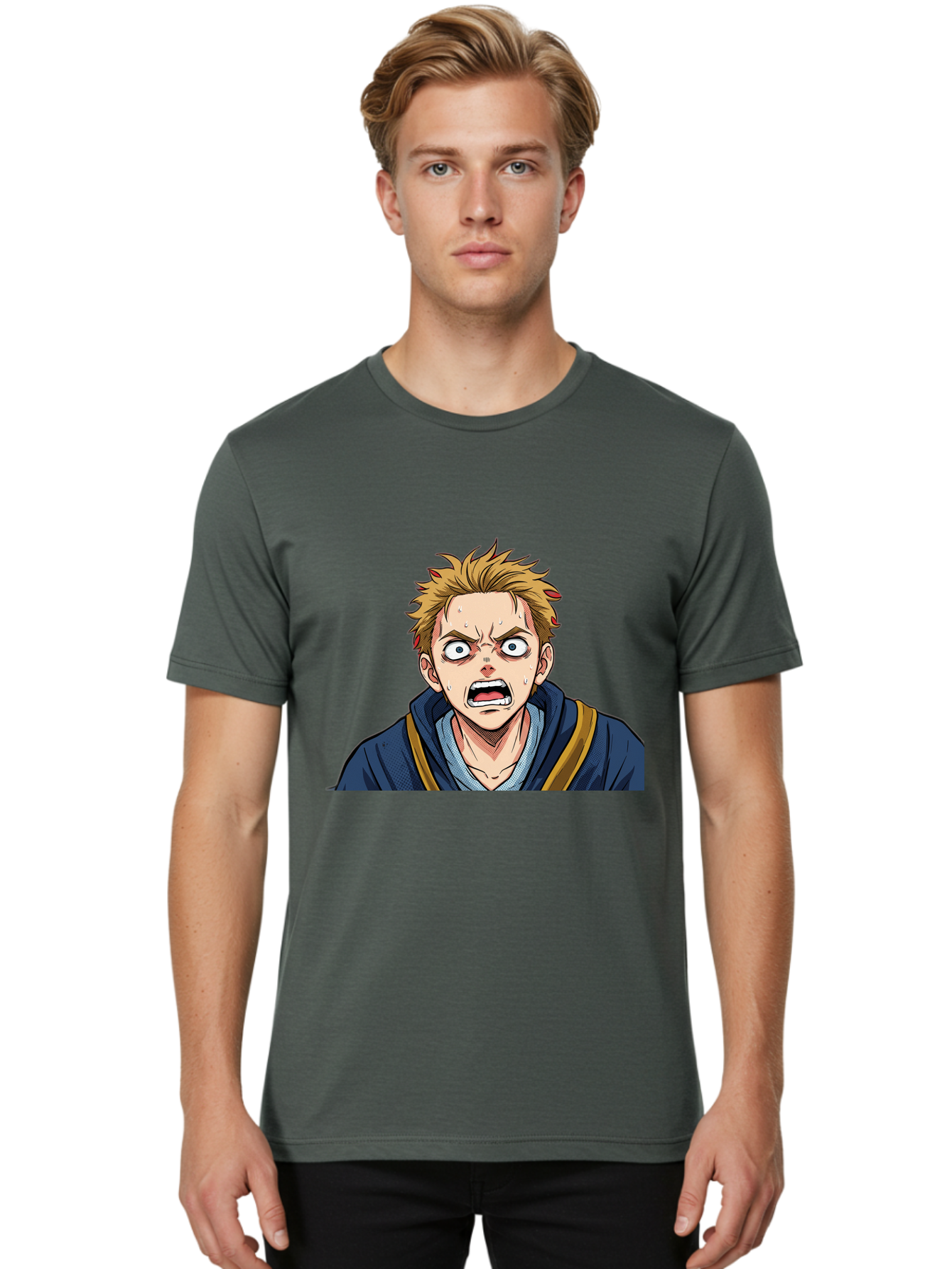 Angry-Anime-Boy Men'S Graphic Tee, 100% Cotton, Comfortable Casual Summer Wear, Machine Washable, Cartoon Character, Young Man, Blond Hair, Blue Hoodie, Shocked Expression, Wide-Eyed, Open-Mouthed, Intense Emotion, Dynamic Pose, Bab644 28